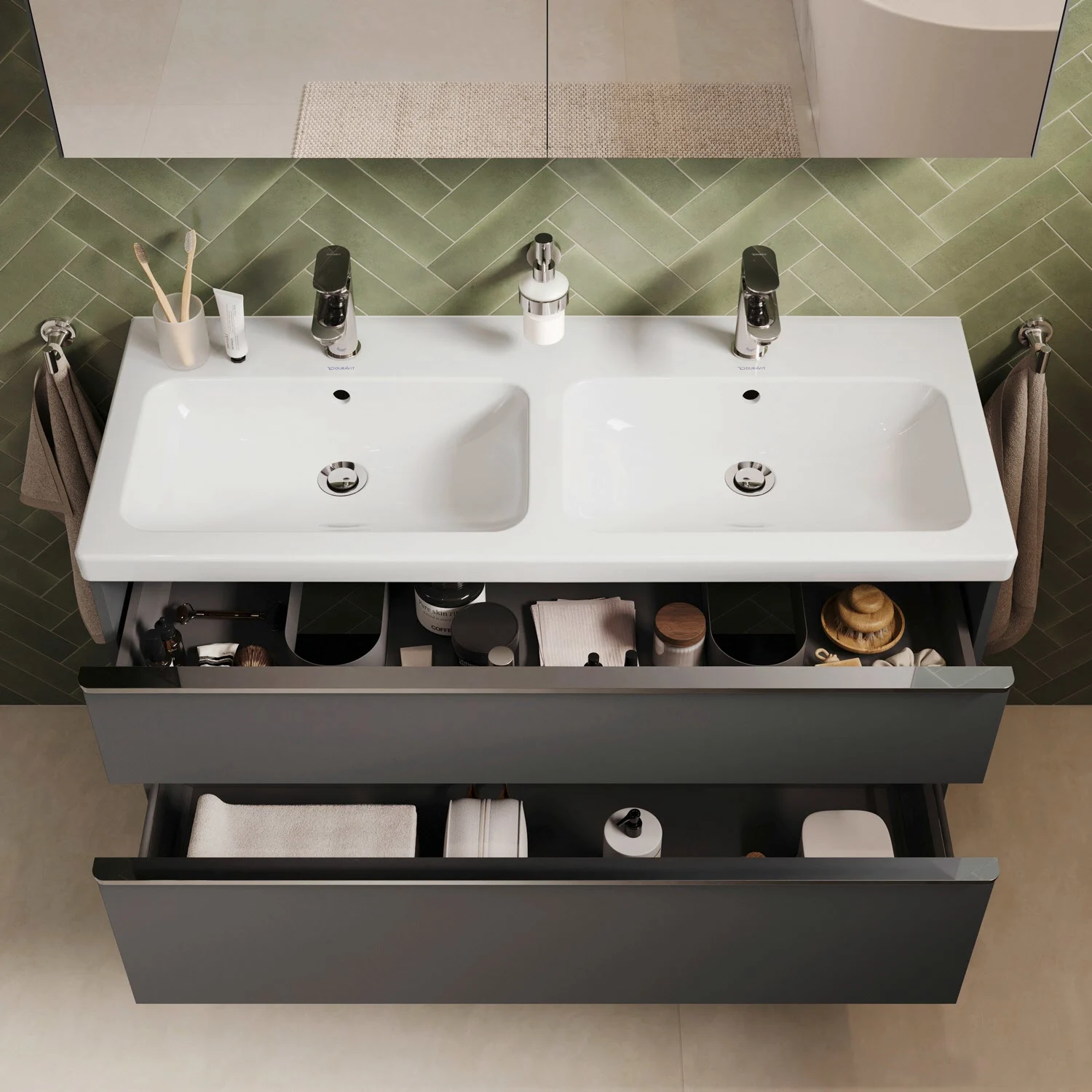 Podwójna umywalka z ciemną szafką w łazience, Duravit