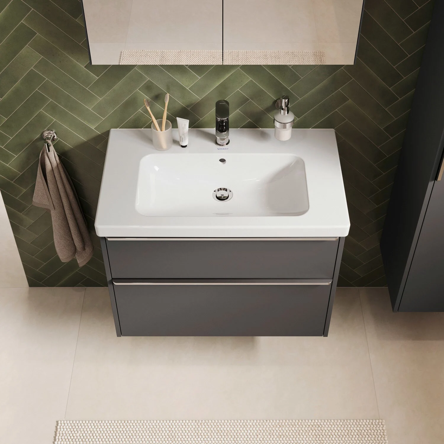 Umywalka z ciemnoszarą szafką widziana z góry, Duravit