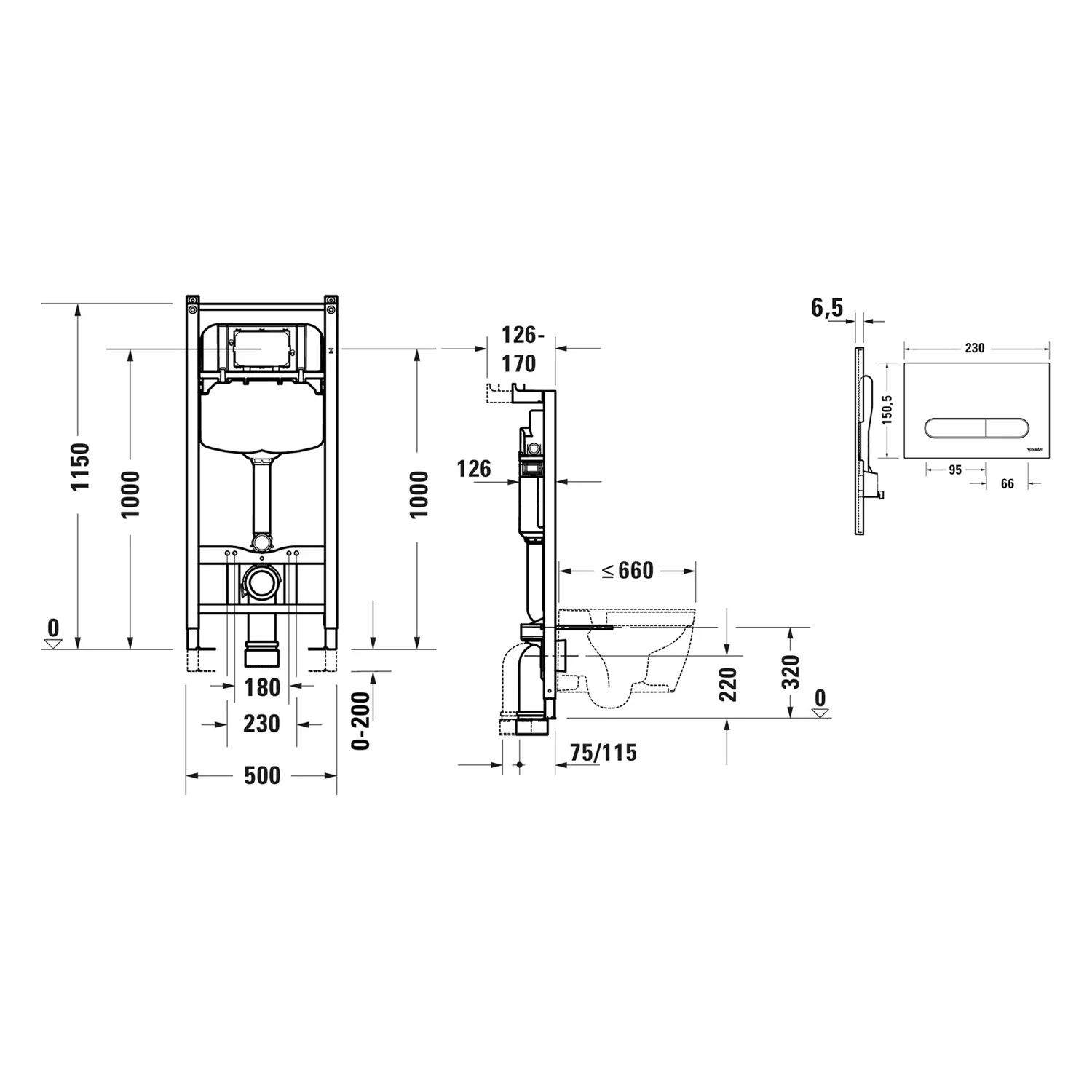 Rysunek techniczny toalety ściennej z wymiarami, Duravit