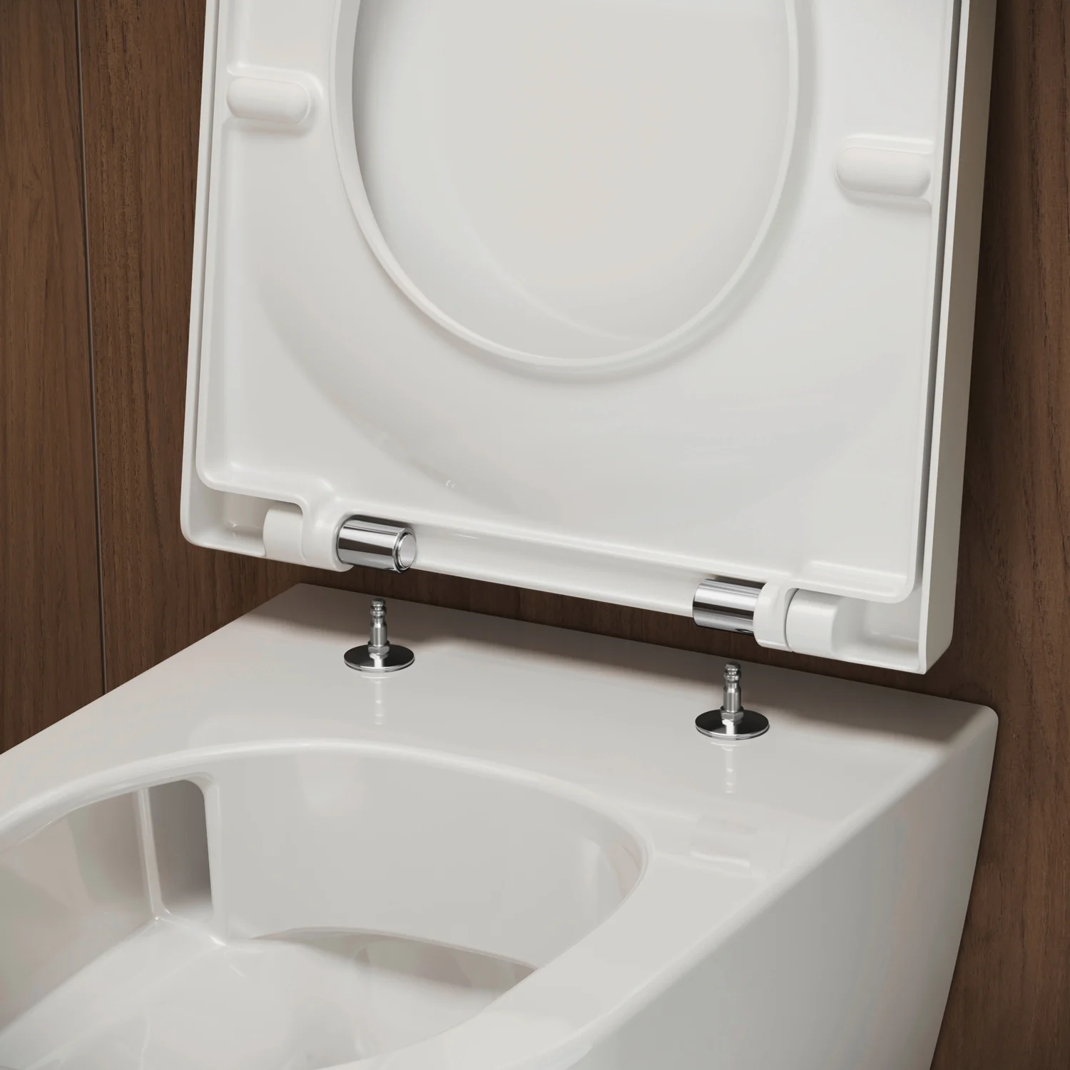 Zbliżenie otwartej pokrywy toalety w drewnianym otoczeniu, Duravit