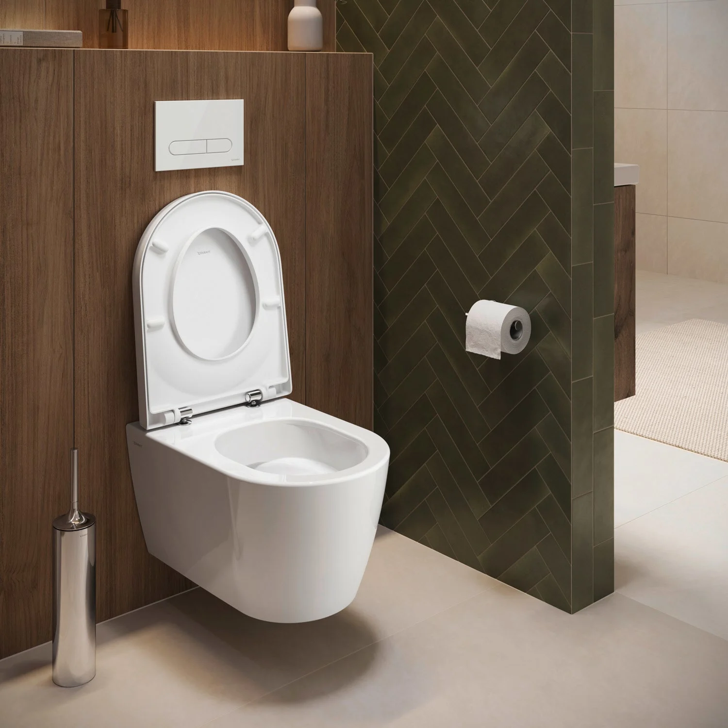 Łazienka z wiszącą toaletą i drewnianą boazerią, Duravit