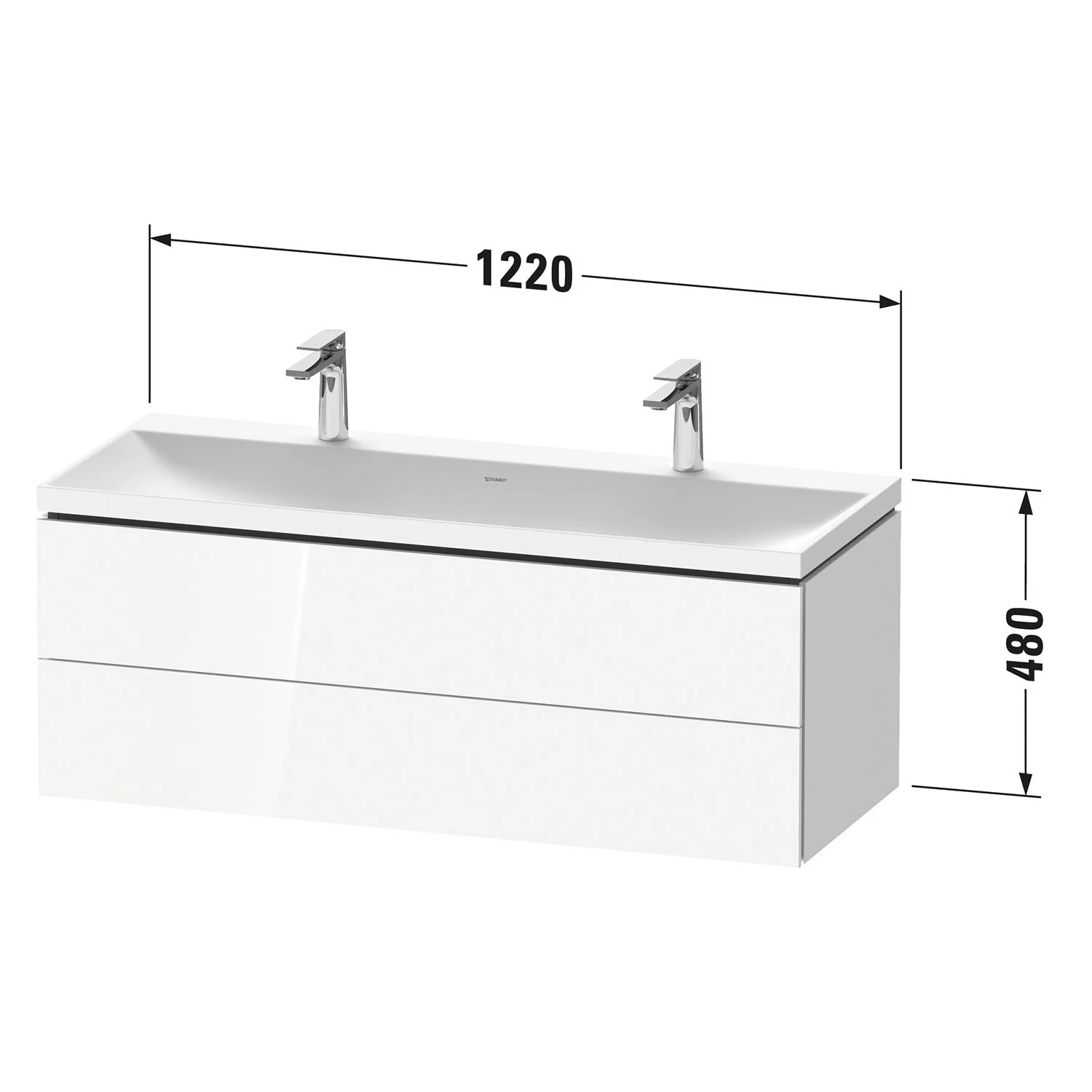 Rysunek techniczny podwójnej umywalki z wymiarami, Duravit