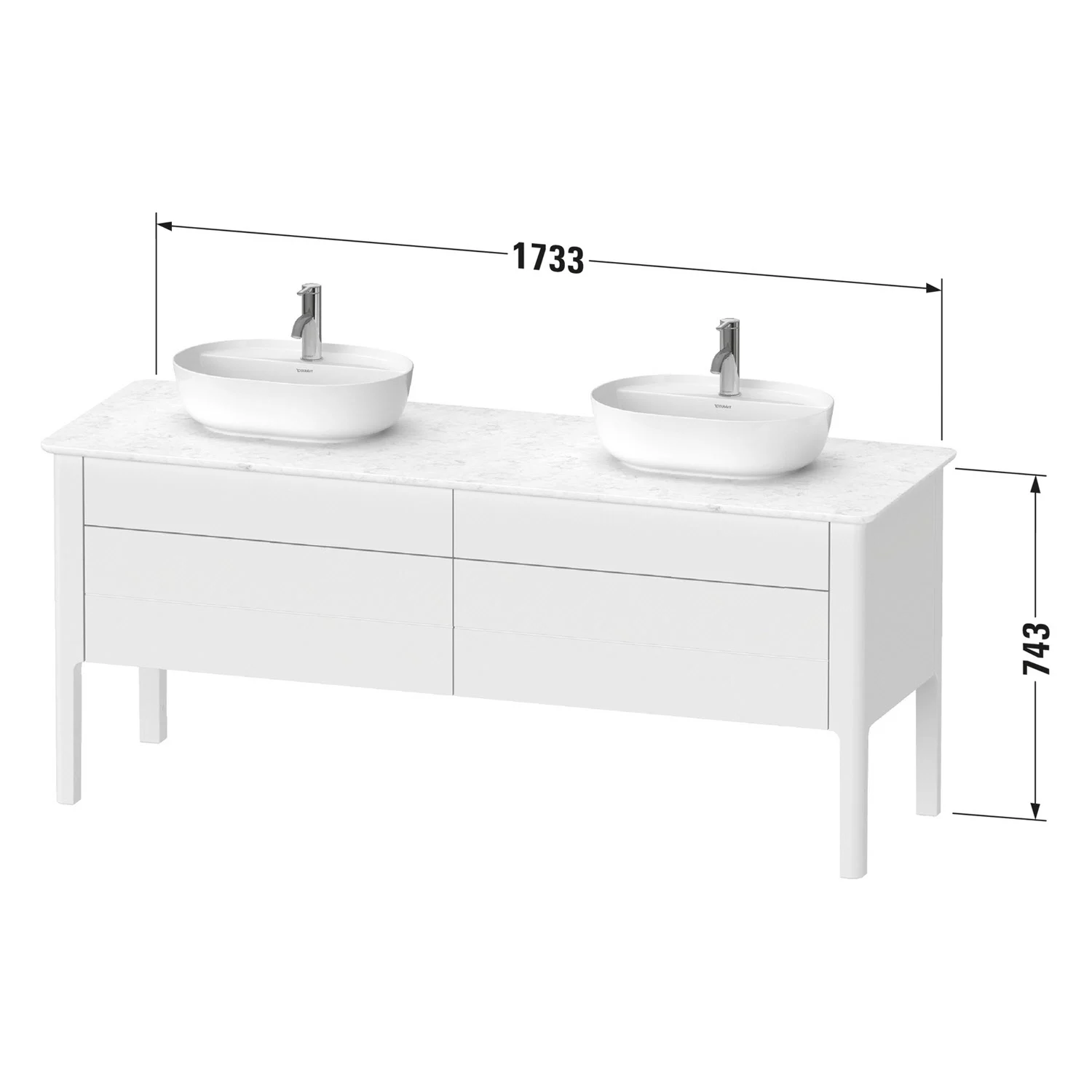 Rysunek techniczny szafki umywalkowej z wymiarami, Duravit
