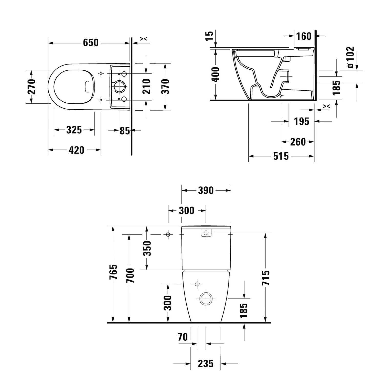 Rysunek techniczny WC z wymiarami, Duravit