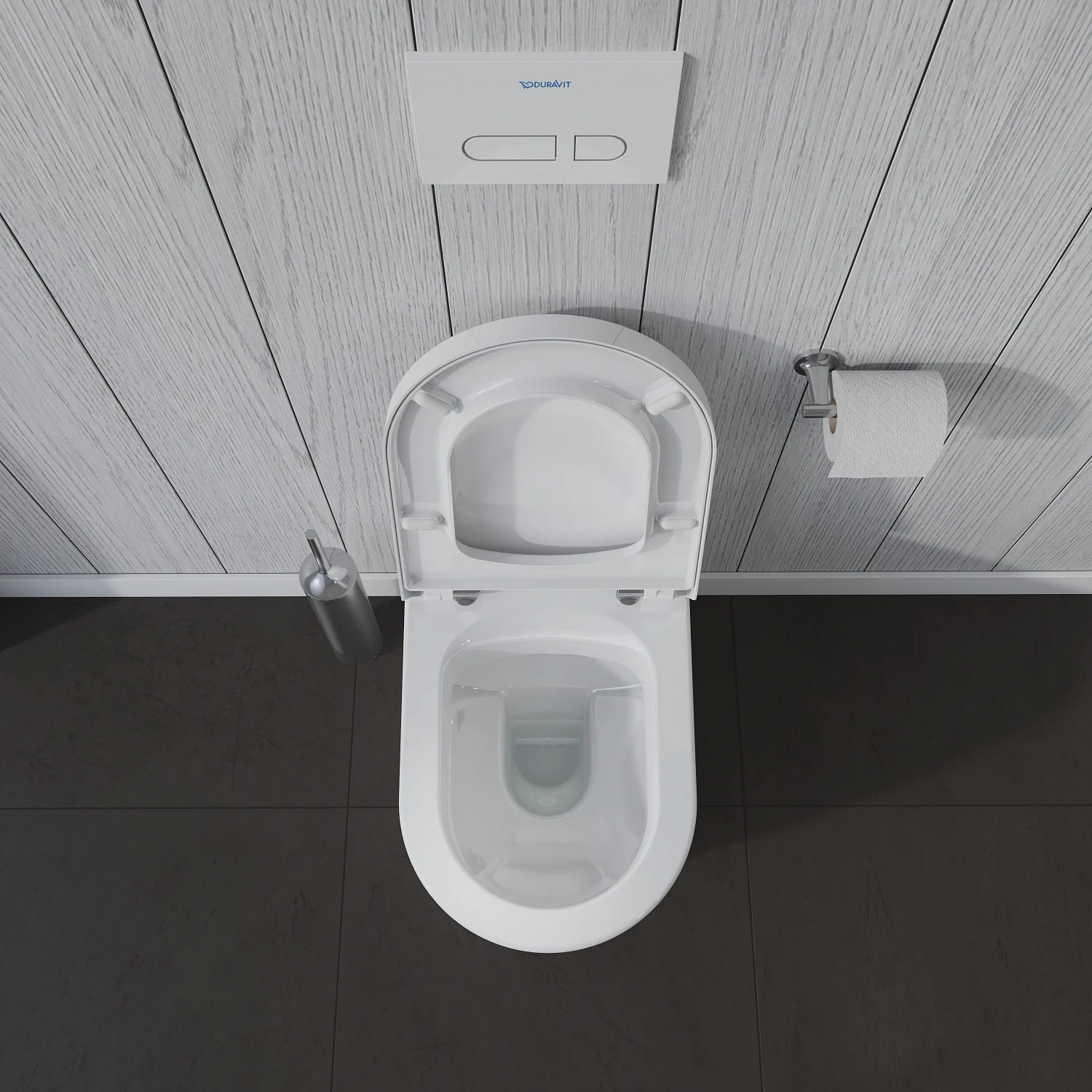Toaleta z otwartą pokrywą przy drewnianej okładzinie, Duravit