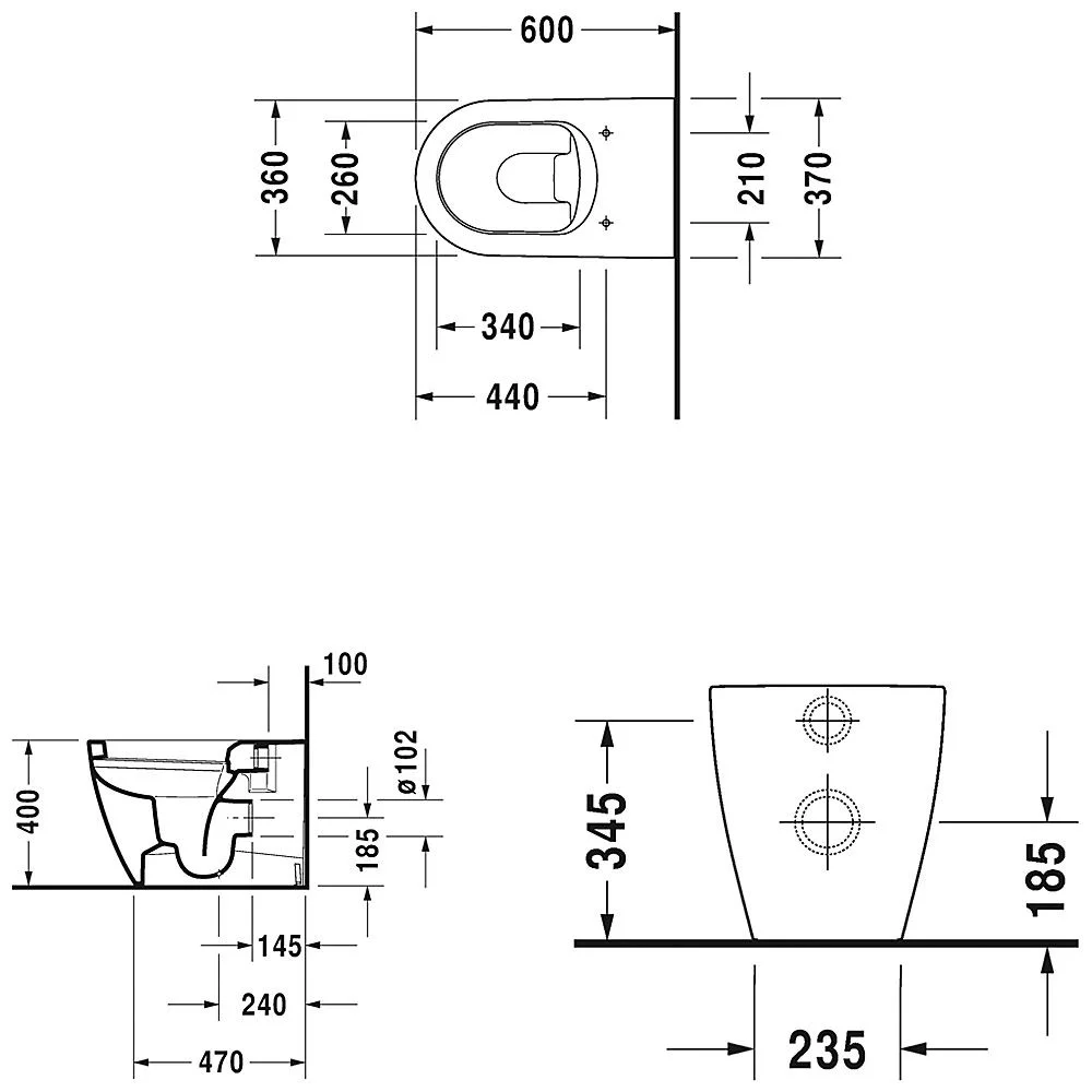 Rysunek techniczny toalety z wymiarami, Duravit