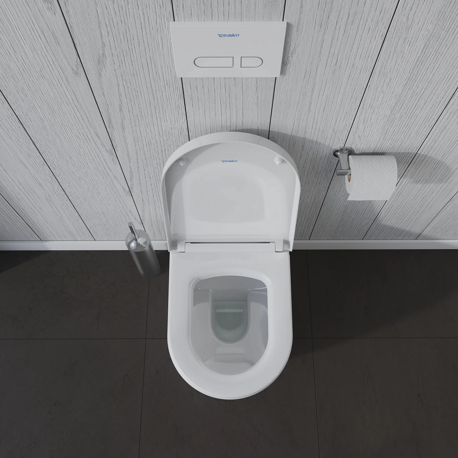 Toaleta z otwartą pokrywą przy drewnianej okładzinie, Duravit