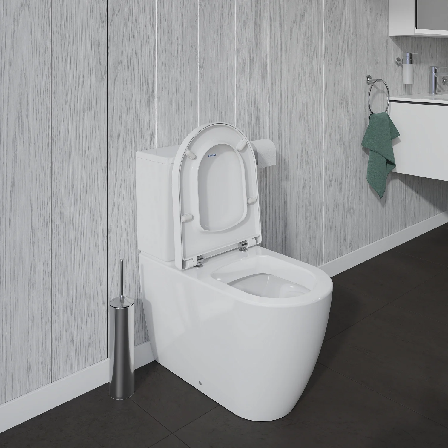 Toaleta z podniesioną pokrywą w łazience, Duravit