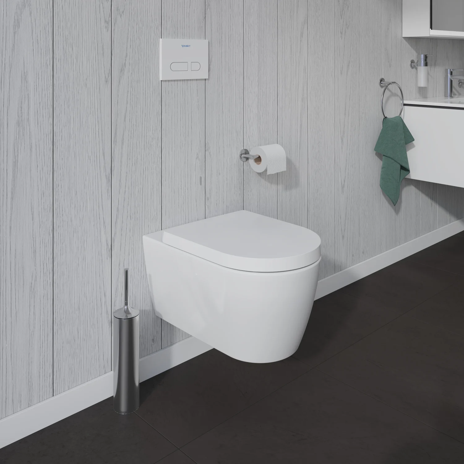 Toaleta w nowoczesnej łazience z drewnianą boazerią, Duravit