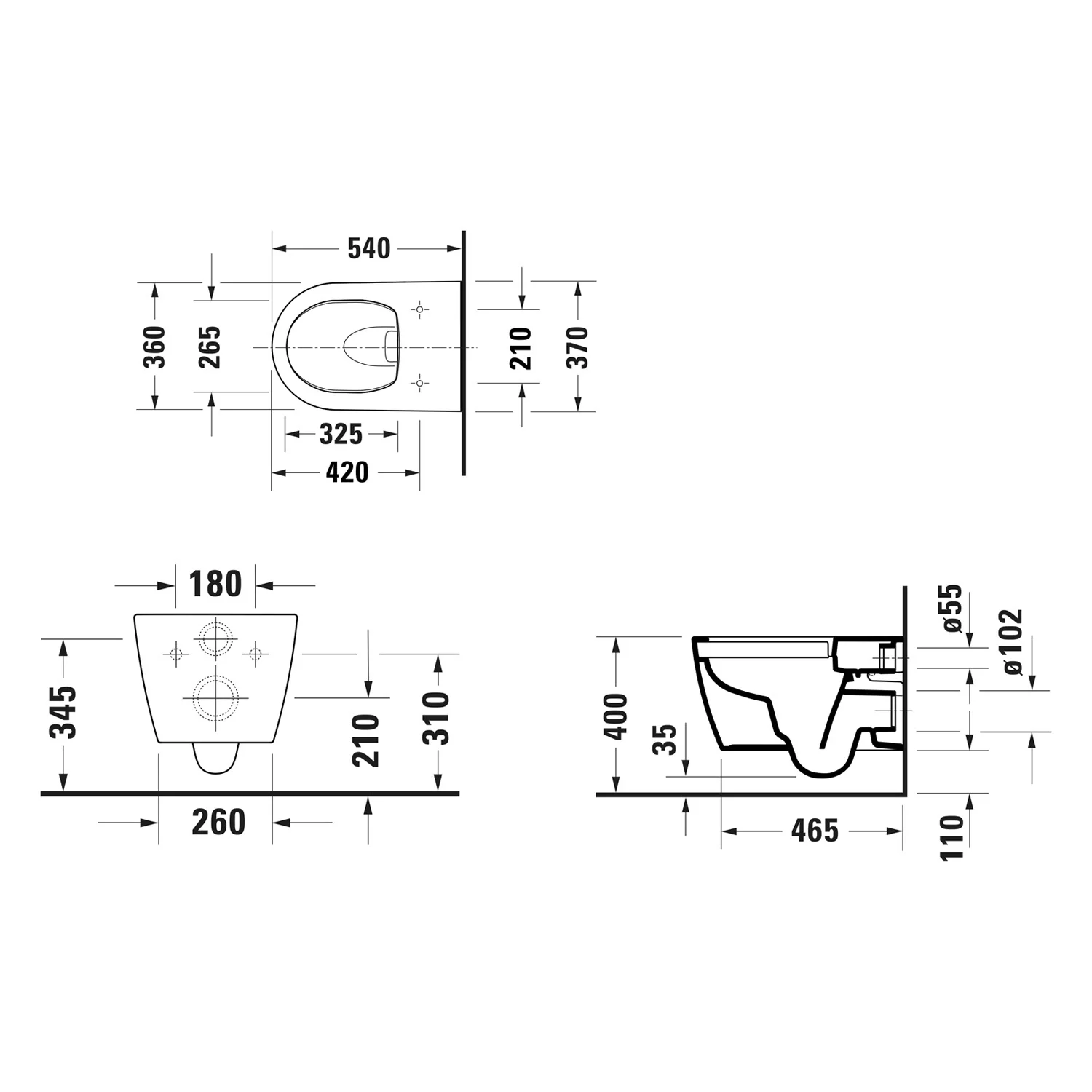Rysunek techniczny WC z wymiarami, Duravit