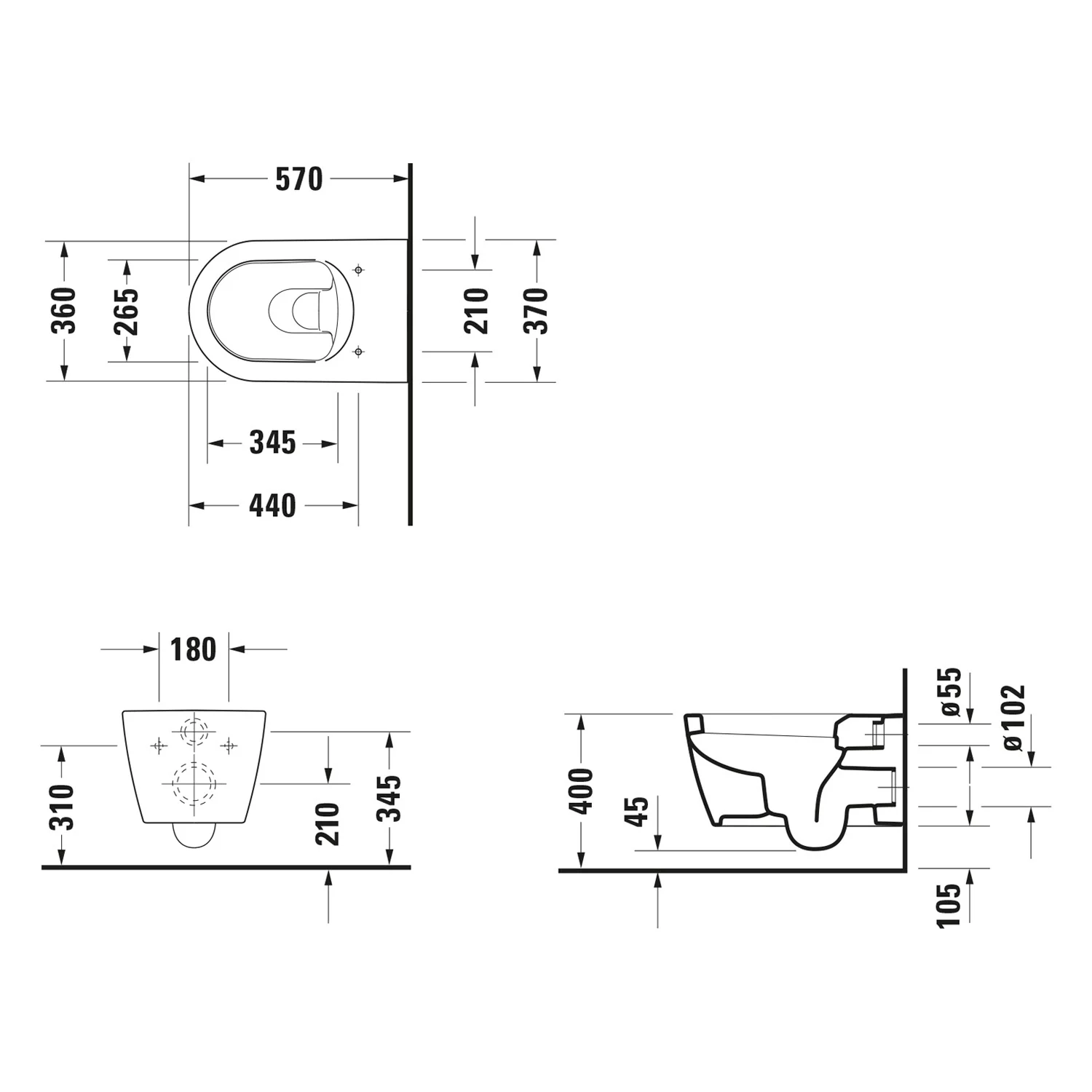 Rysunek techniczny WC z wymiarami, Duravit