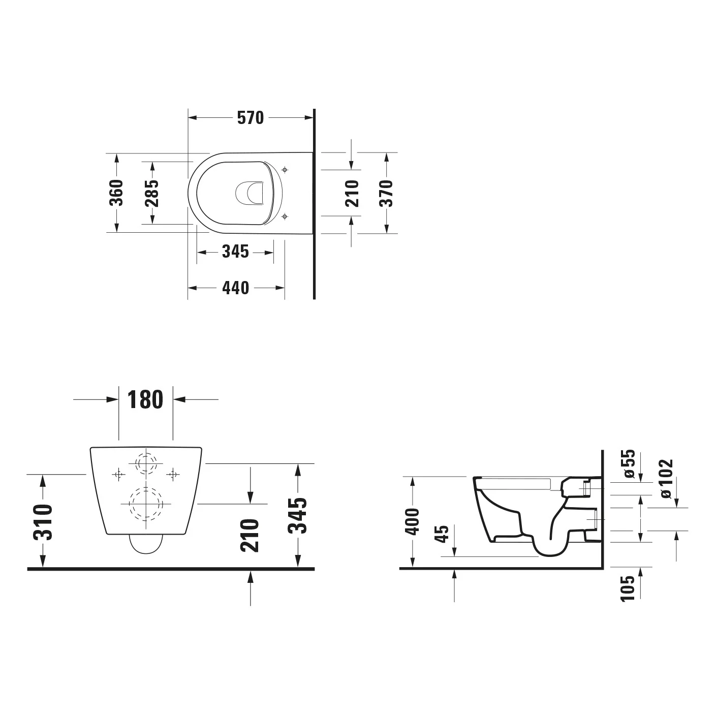 Rysunek techniczny WC z wymiarami, Duravit
