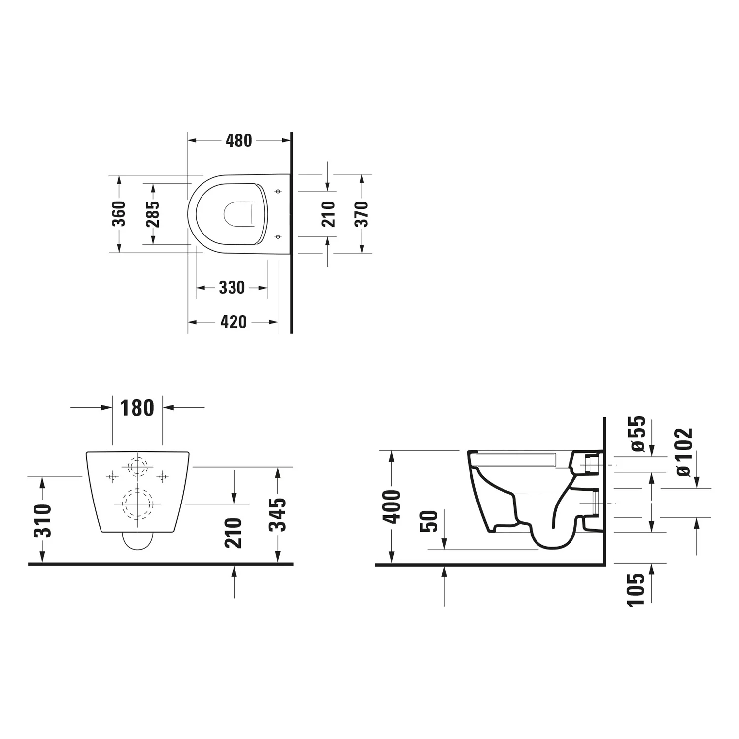 Rysunek techniczny WC z wymiarami, Duravit