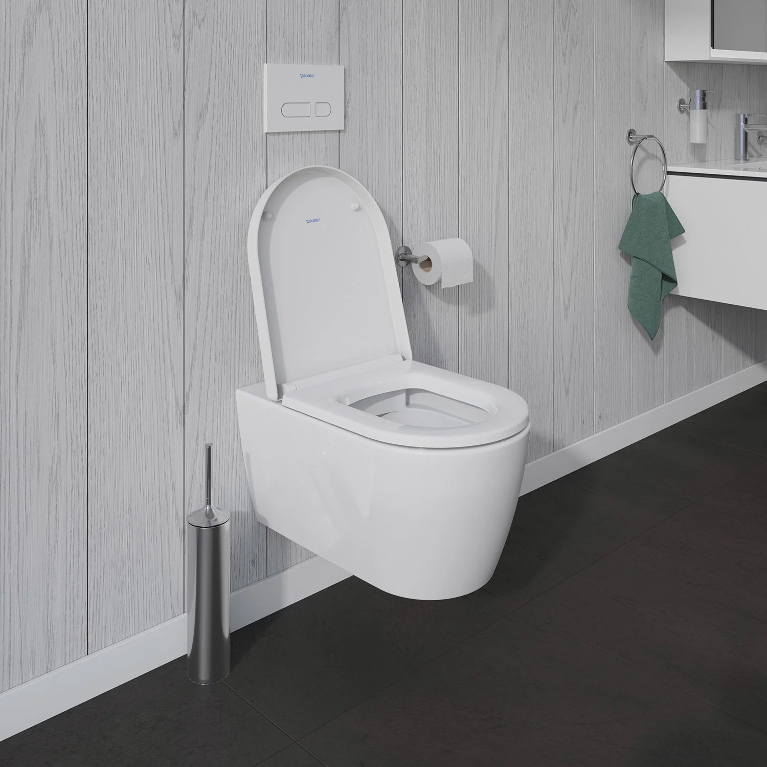 Toaleta podwieszana z otwartą pokrywą w łazience, Duravit