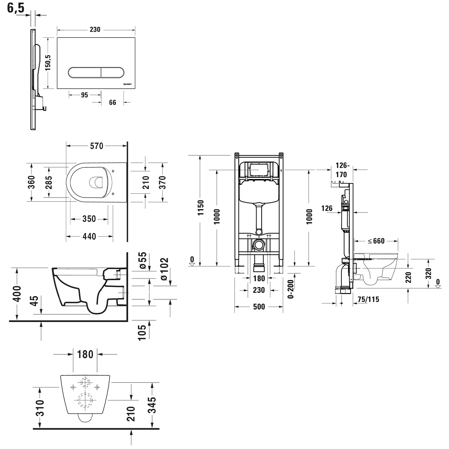 Rysunek techniczny toalety z wymiarami, Duravit