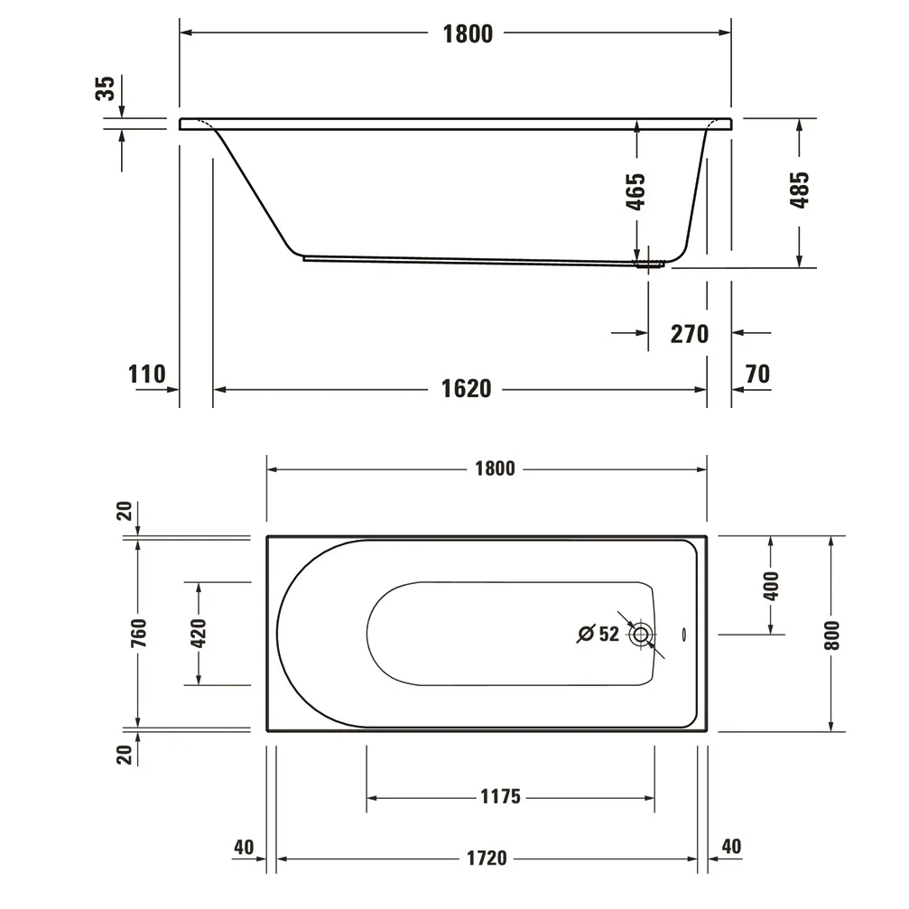 Rysunek techniczny prostokątnej wanny 180 cm, Duravit