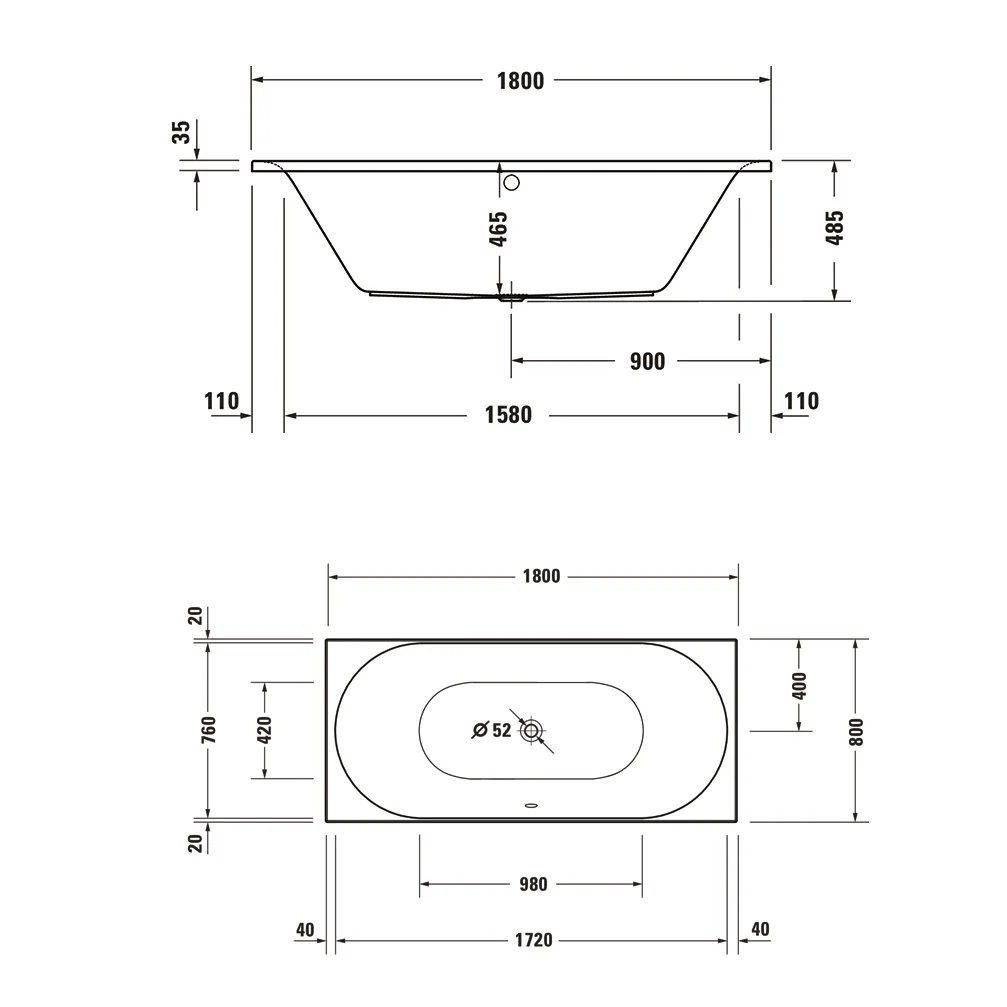Duravit D-Neo Rechteck-Badewanne 180 x 80 cm, Einbauversion, Ab- und Überlauf mittig Bild 2