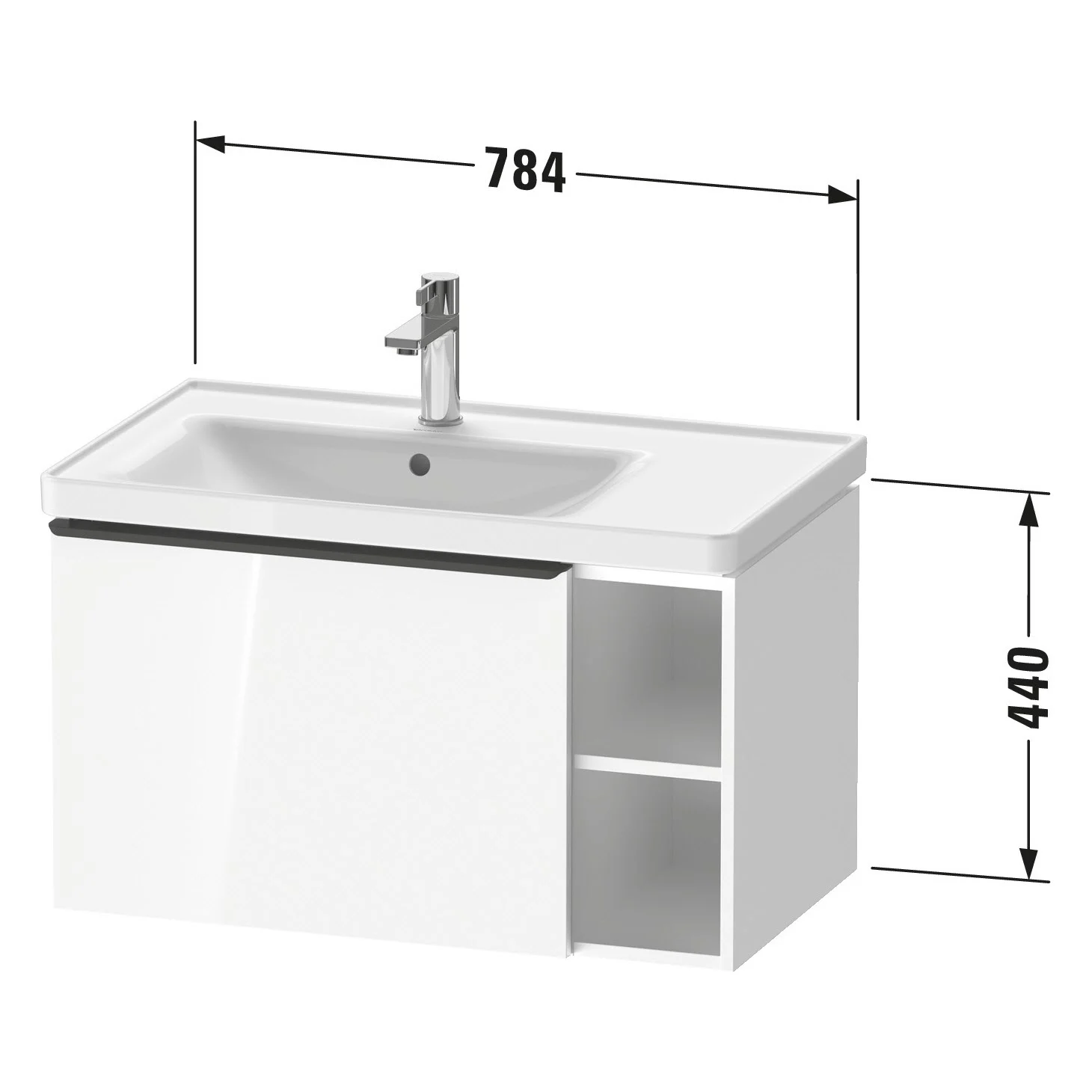 Rysunek techniczny szafki umywalkowej z wymiarami, Duravit