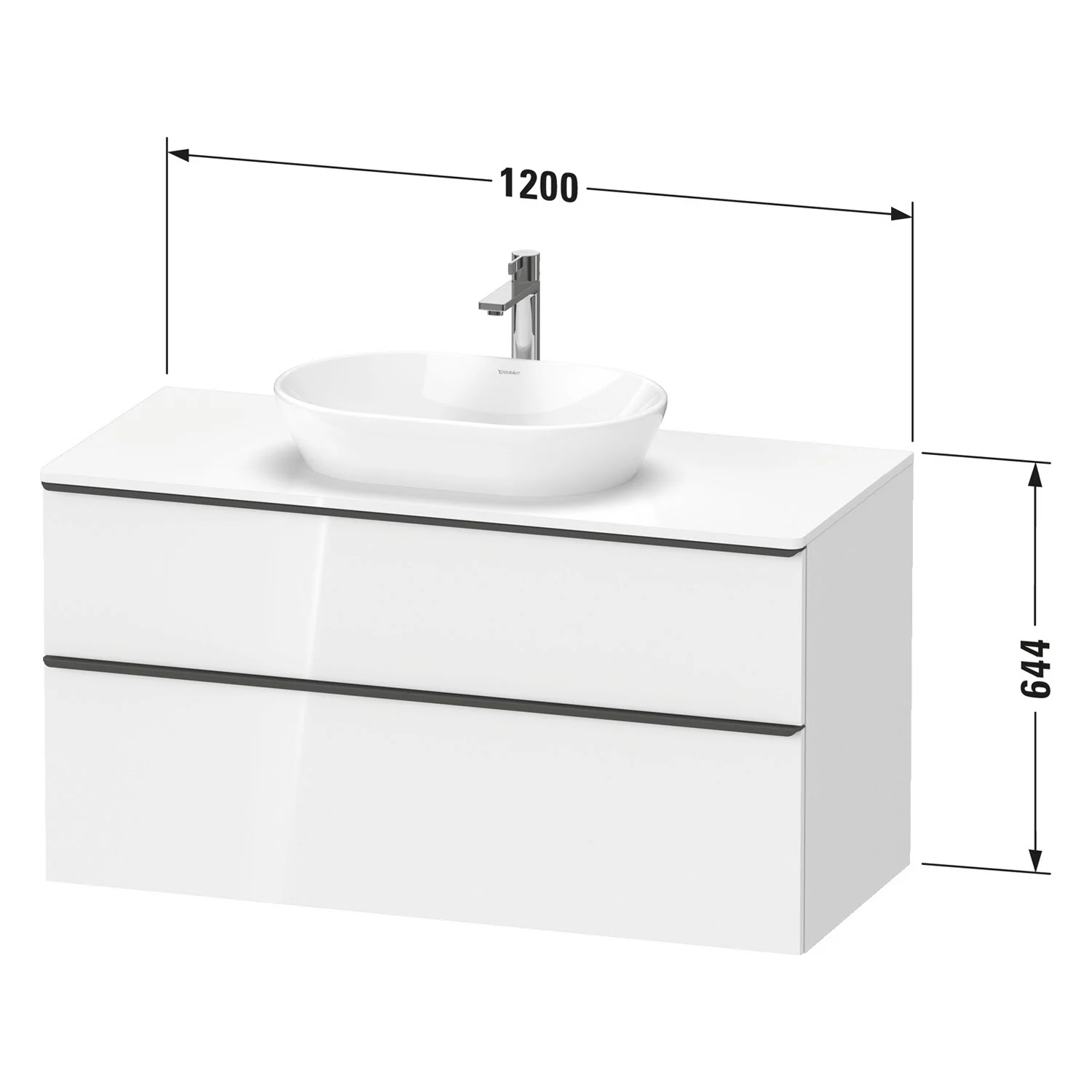 Rysunek techniczny szafki umywalkowej z wymiarami, Duravit