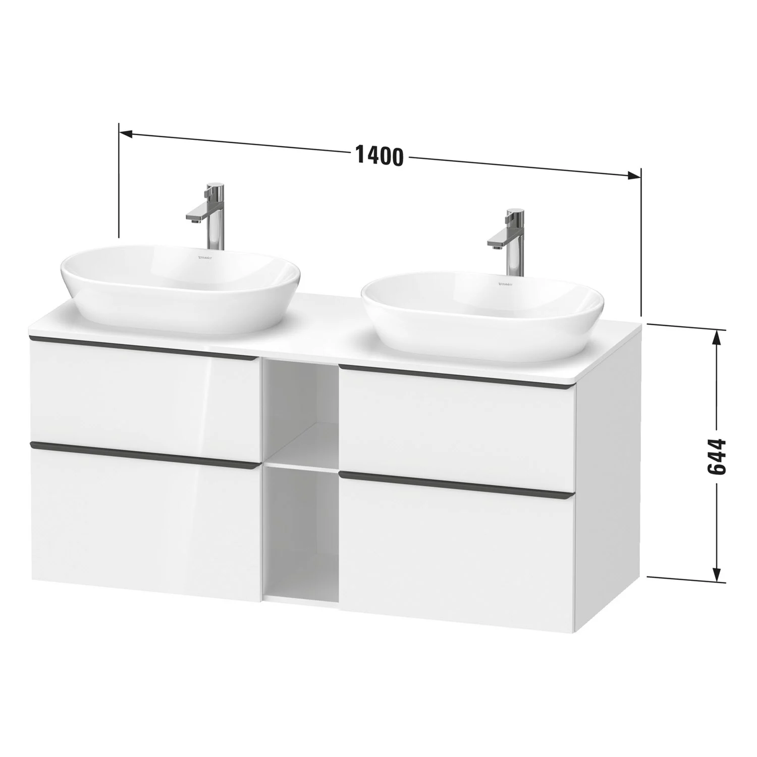 Rysunek techniczny podwójnej umywalki z wymiarami, Duravit