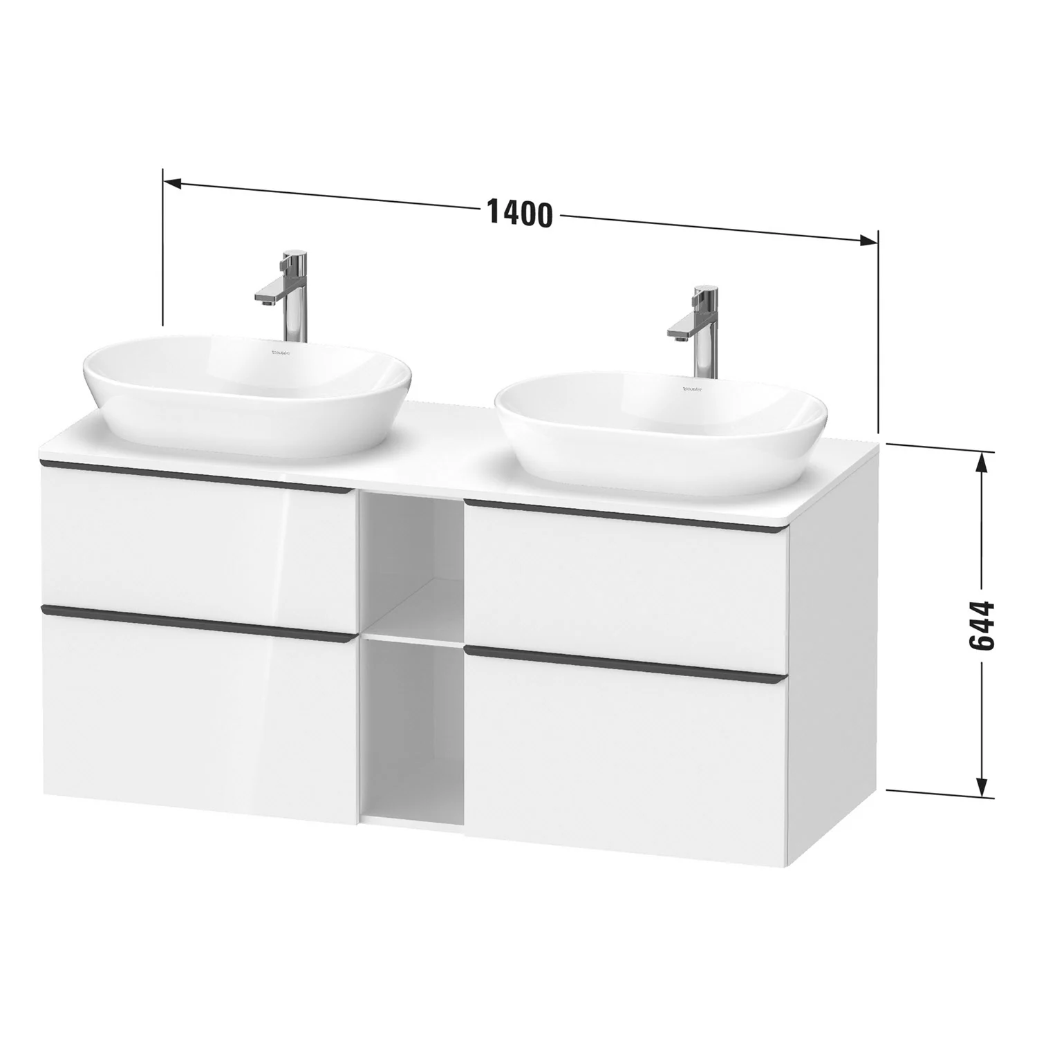 Rysunek techniczny podwójnej umywalki z wymiarami, Duravit