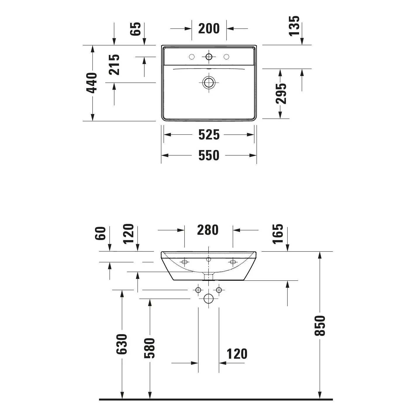 Rysunek techniczny umywalki z wymiarami, Duravit