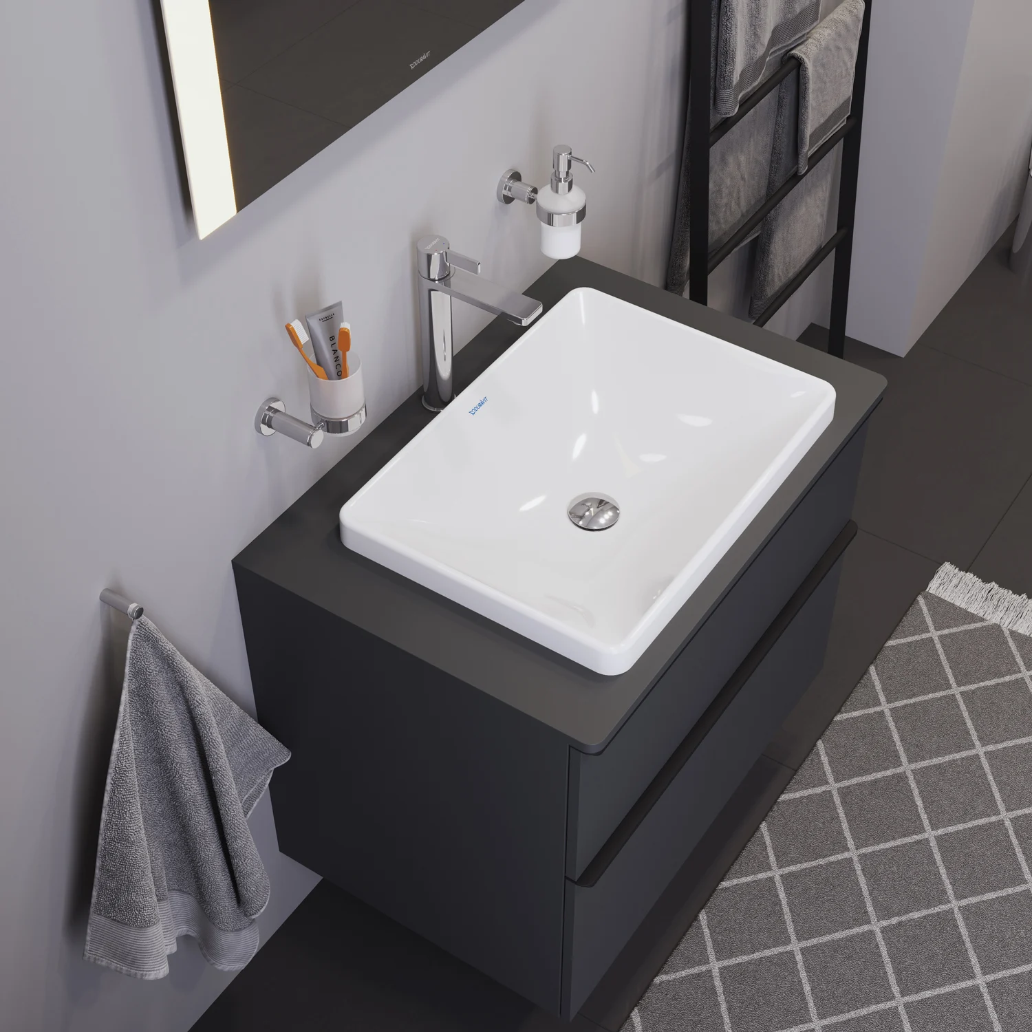 Biała umywalka na ciemnej toaletce z góry, Duravit