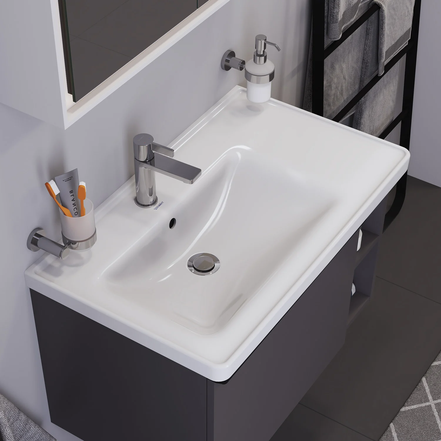 Duravit D-Neo Möbelwaschtisch 80 cm asymmetrisch, mit 1 Hahnloch und Überlauf, Ablage rechts