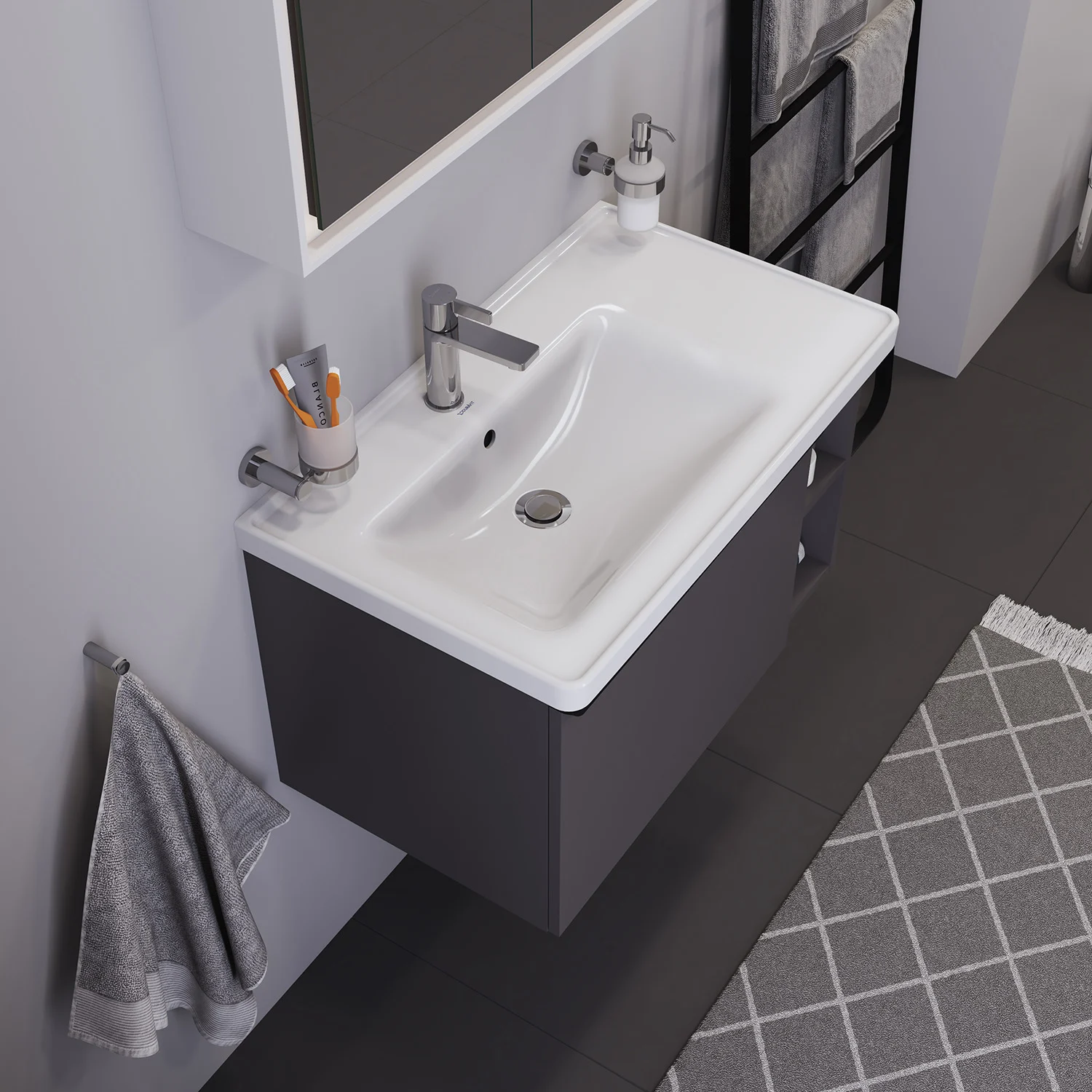 Duravit D-Neo Möbelwaschtisch 80 cm asymmetrisch, mit 1 Hahnloch und Überlauf, Ablage rechts Bild 2