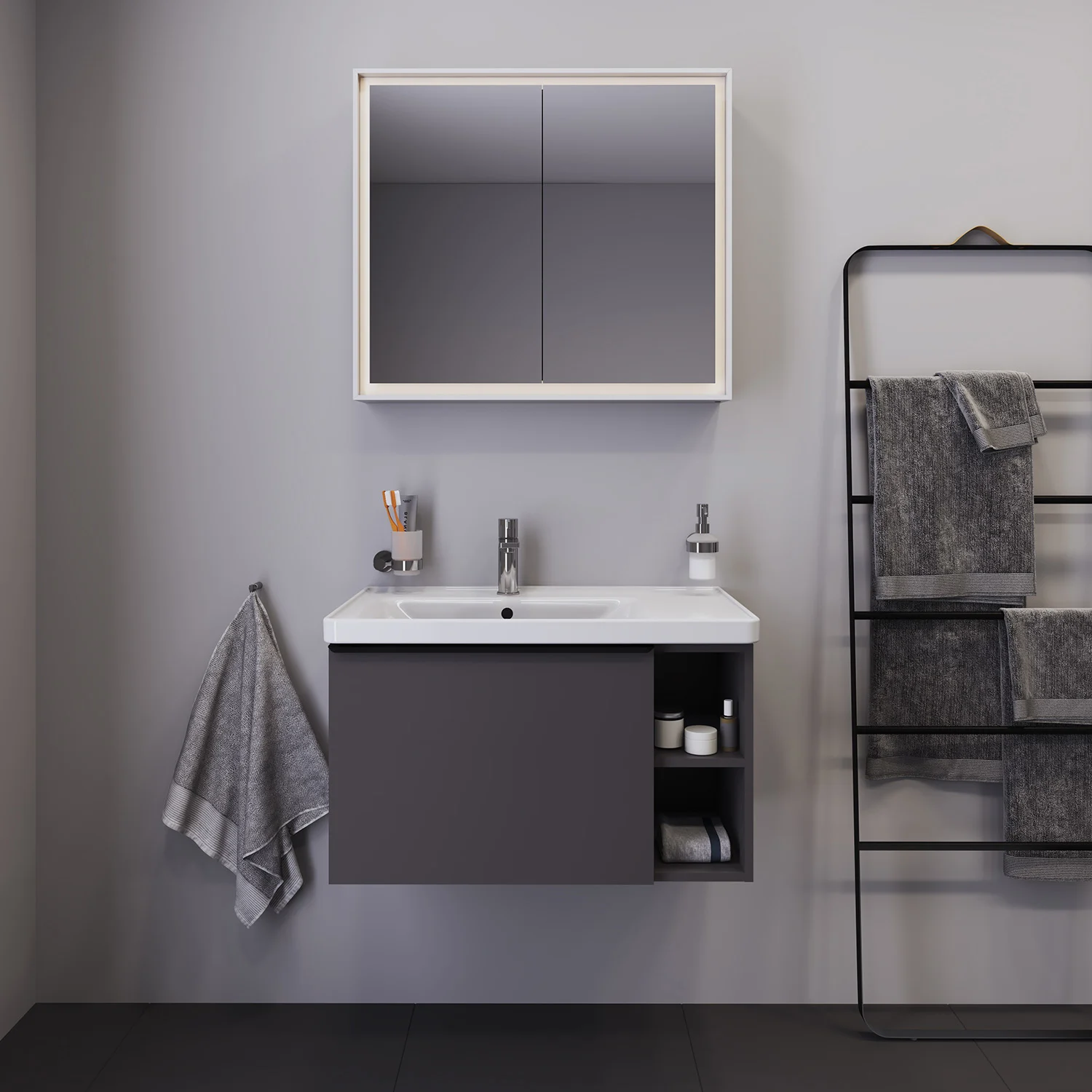 Duravit D-Neo Möbelwaschtisch 80 cm asymmetrisch, mit 1 Hahnloch und Überlauf, Ablage rechts Bild 3