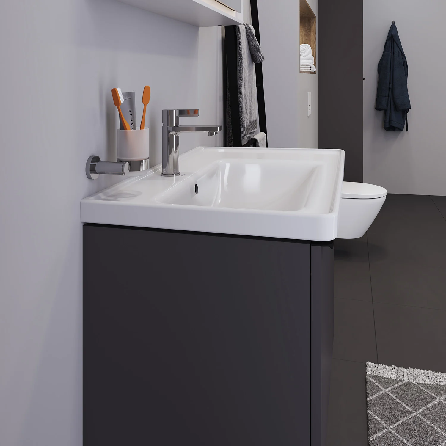 Duravit D-Neo Möbelwaschtisch 80 cm asymmetrisch, mit 1 Hahnloch und Überlauf, Ablage rechts Bild 4