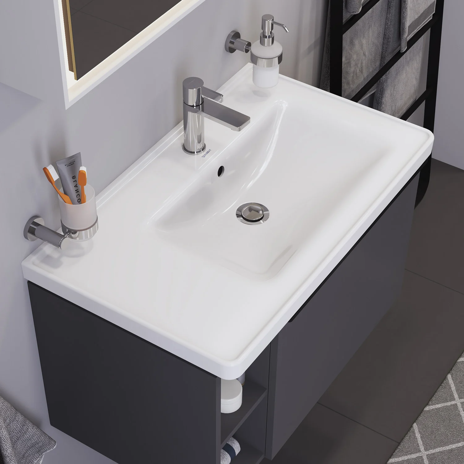 Duravit D-Neo Möbelwaschtisch 80 cm asymmetrisch, mit 1 Hahnloch und Überlauf, Ablage links