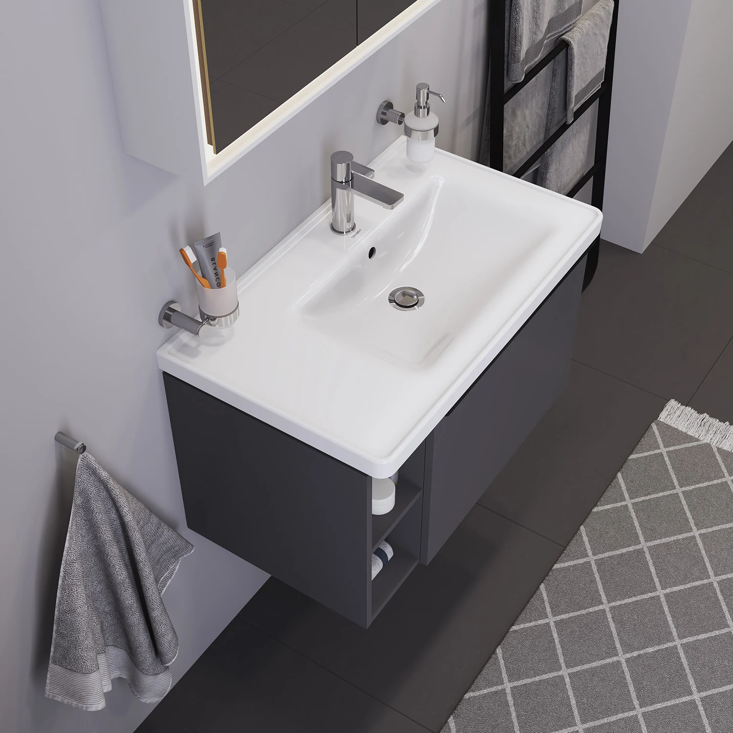 Duravit D-Neo Möbelwaschtisch 80 cm asymmetrisch, mit 1 Hahnloch und Überlauf, Ablage links Bild 2