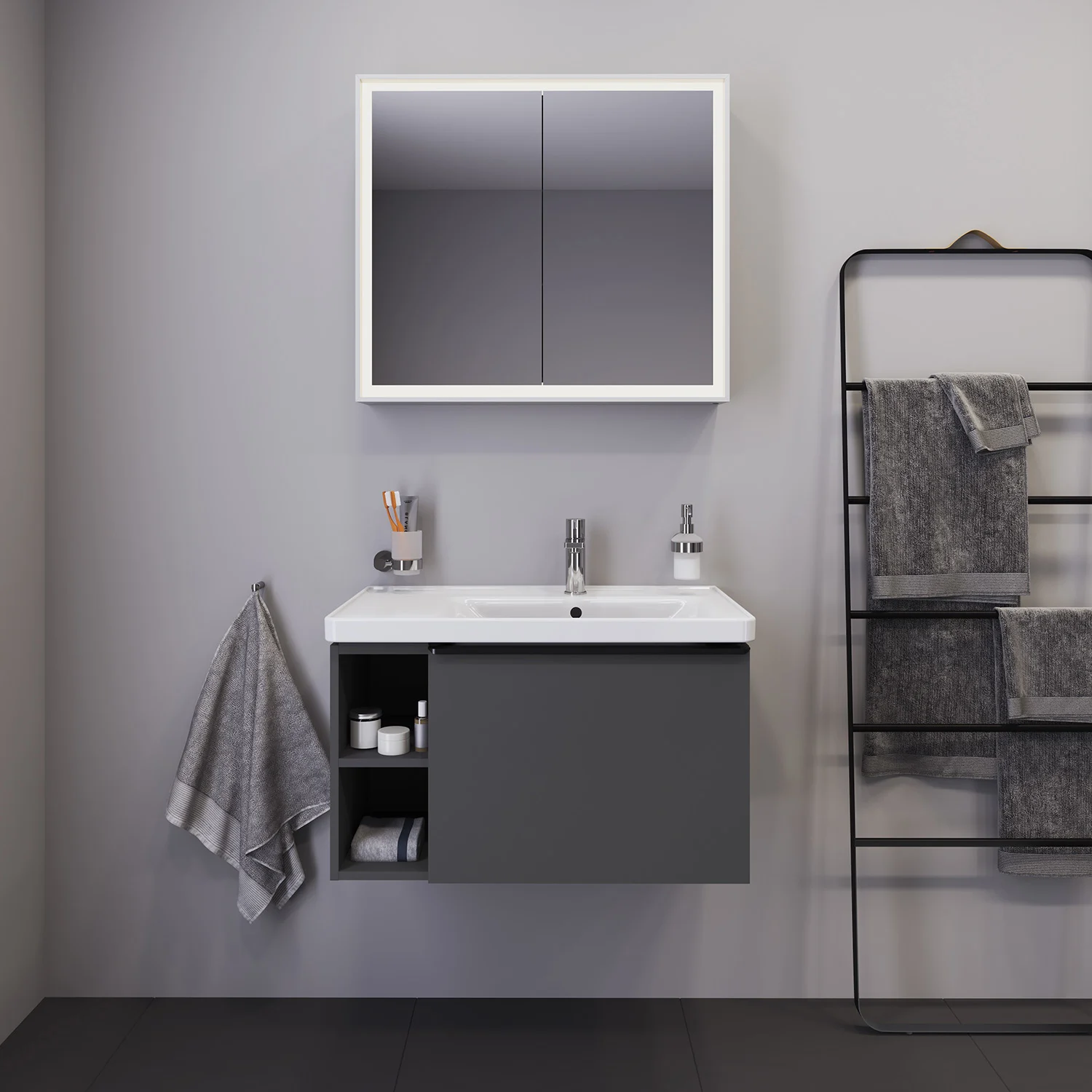 Duravit D-Neo Möbelwaschtisch 80 cm asymmetrisch, mit 1 Hahnloch und Überlauf, Ablage links Bild 3