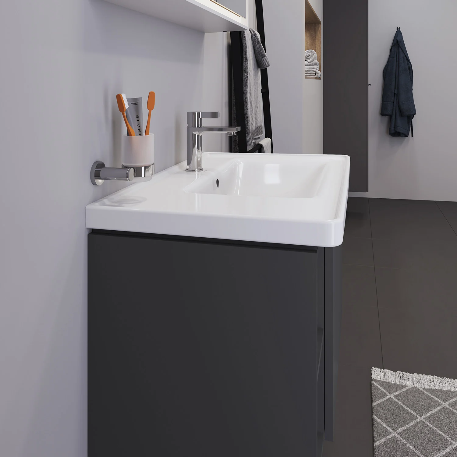 Duravit D-Neo Möbelwaschtisch 80 cm asymmetrisch, mit 1 Hahnloch und Überlauf, Ablage links Bild 4