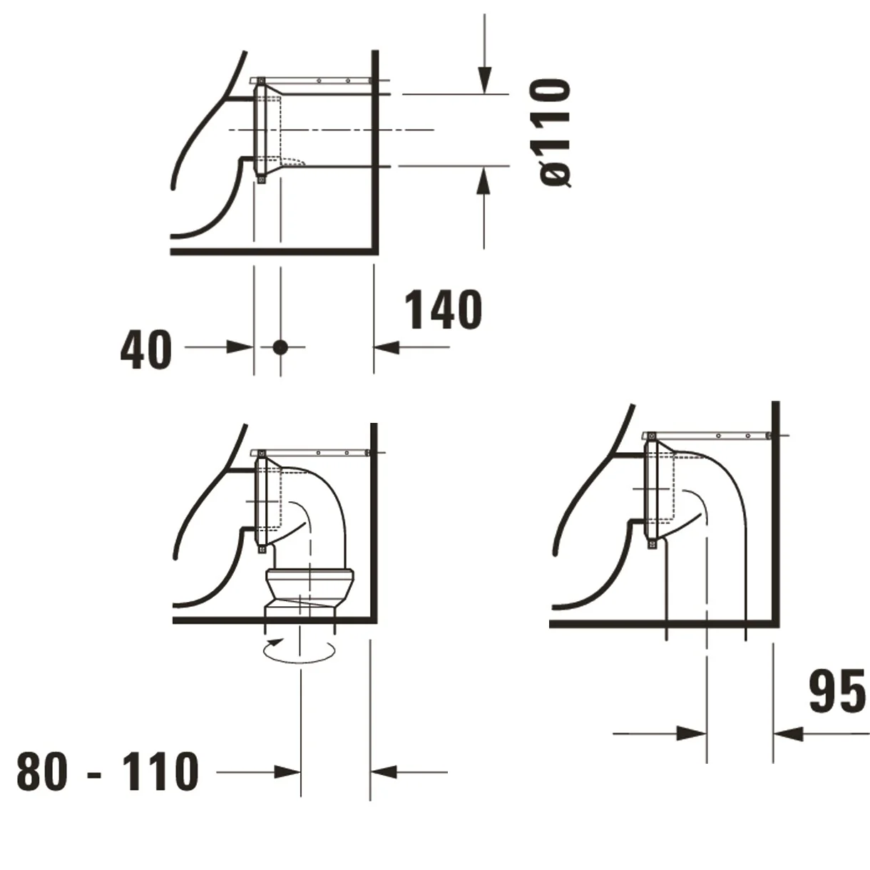 Rysunek techniczny połączenia WC z wymiarami, Duravit