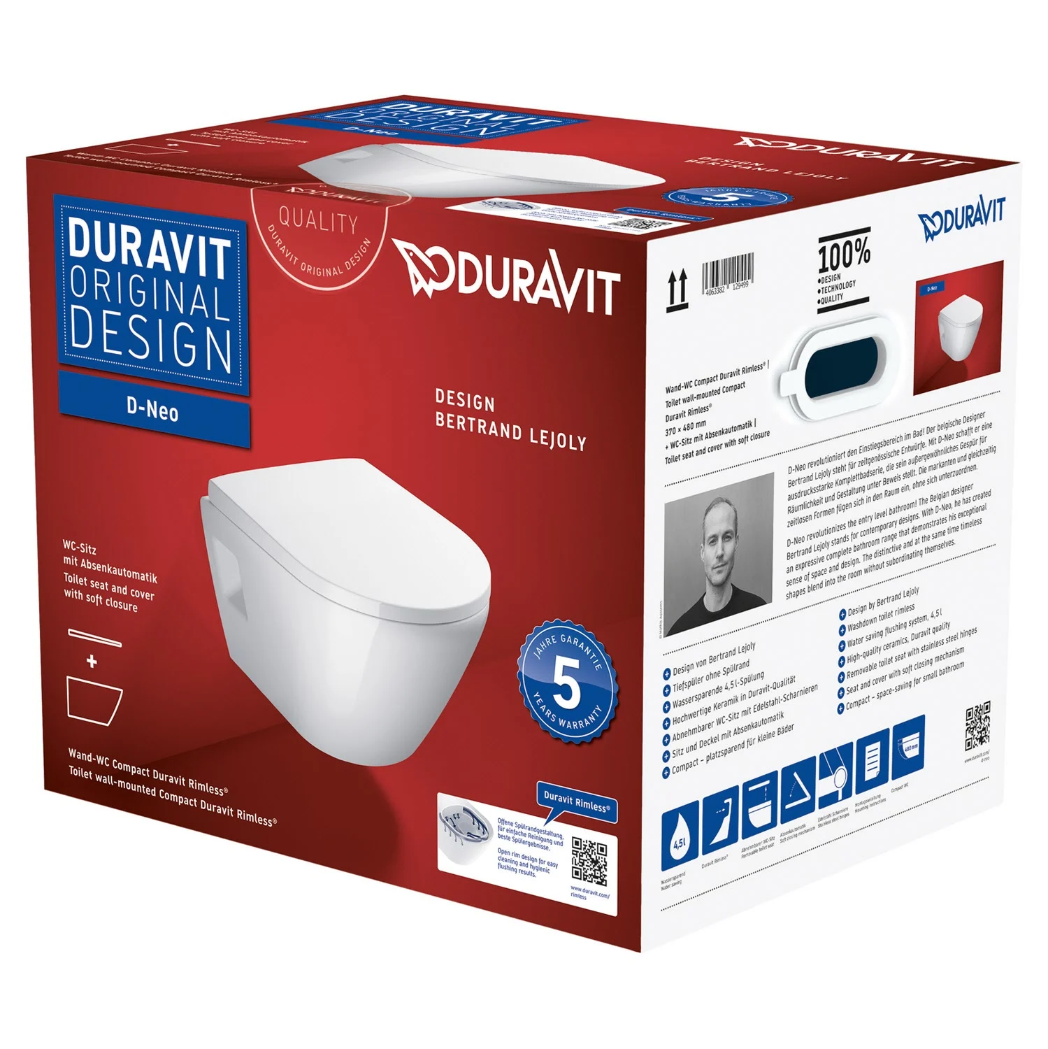 Duravit D-Neo Wand-WC-Set Rimless, Compact-Tiefspüler Bild 13