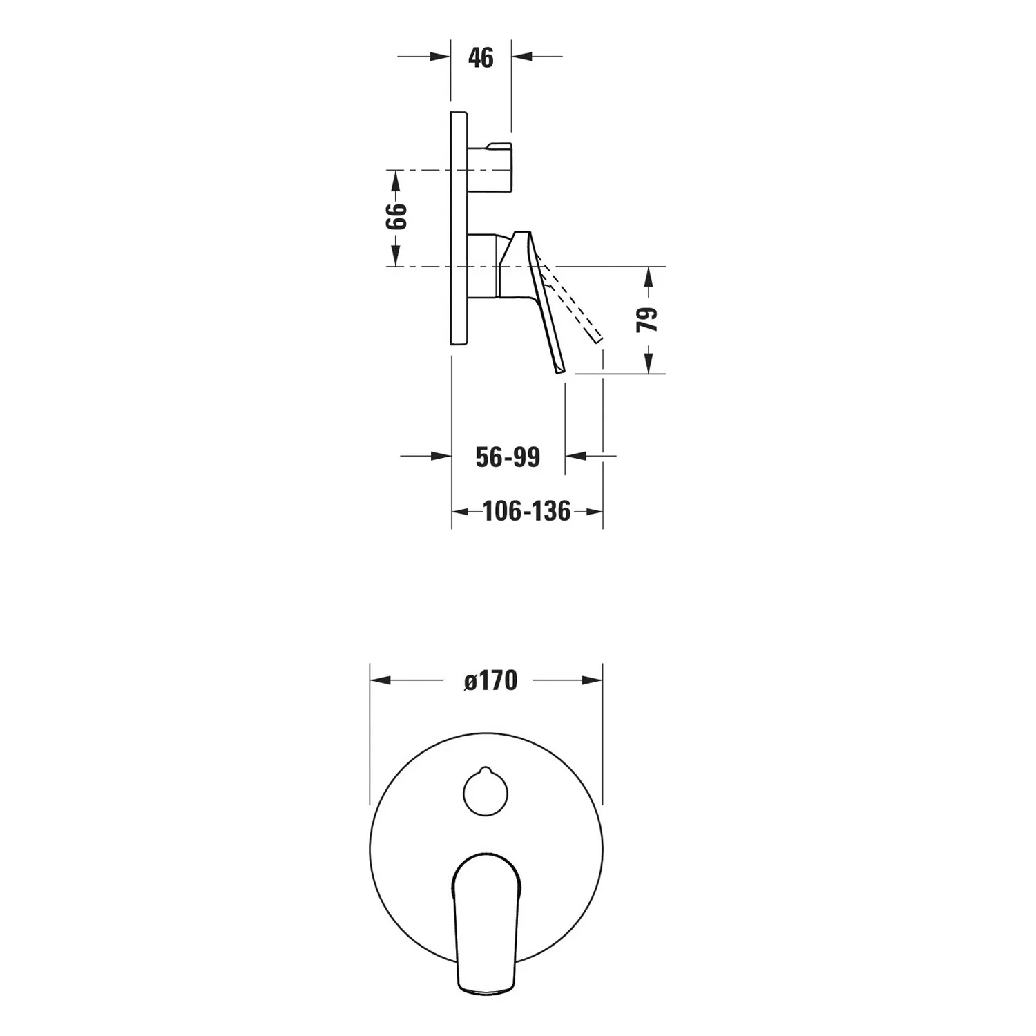 Rysunek techniczny baterii prysznicowej z wymiarami, Duravit