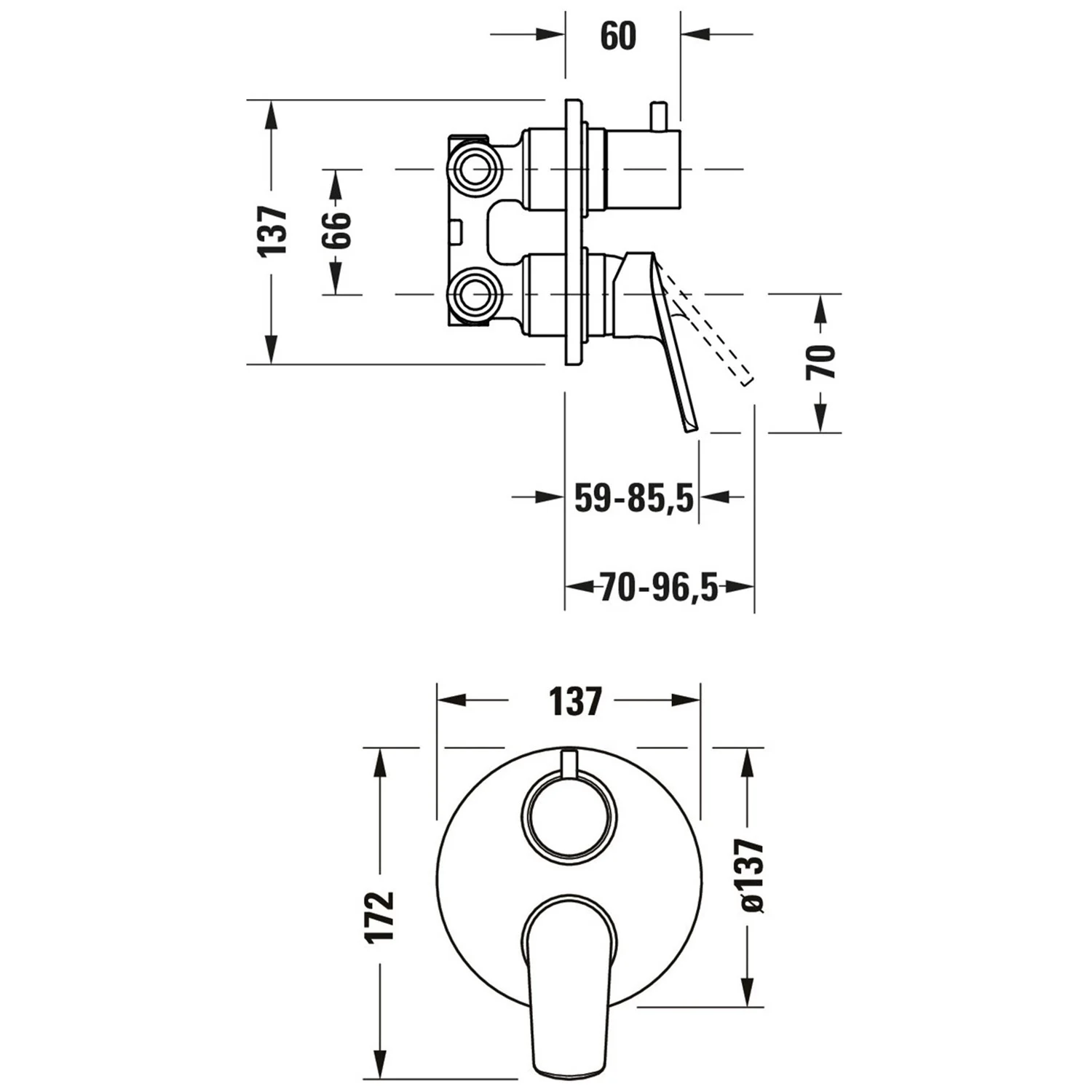 Rysunek techniczny baterii wannowej z wymiarami, Duravit