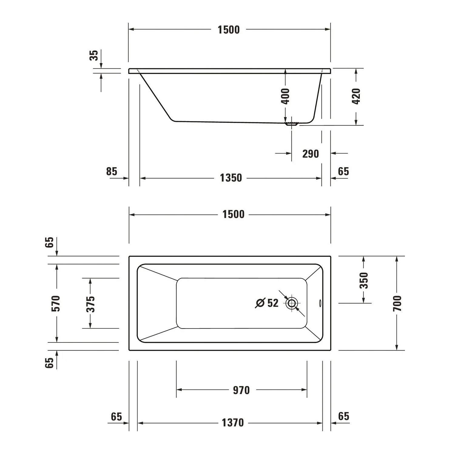 Duravit No. 1 Rechteck-Badewanne 150 x 70 cm mit 1 Rückenschräge Bild 3