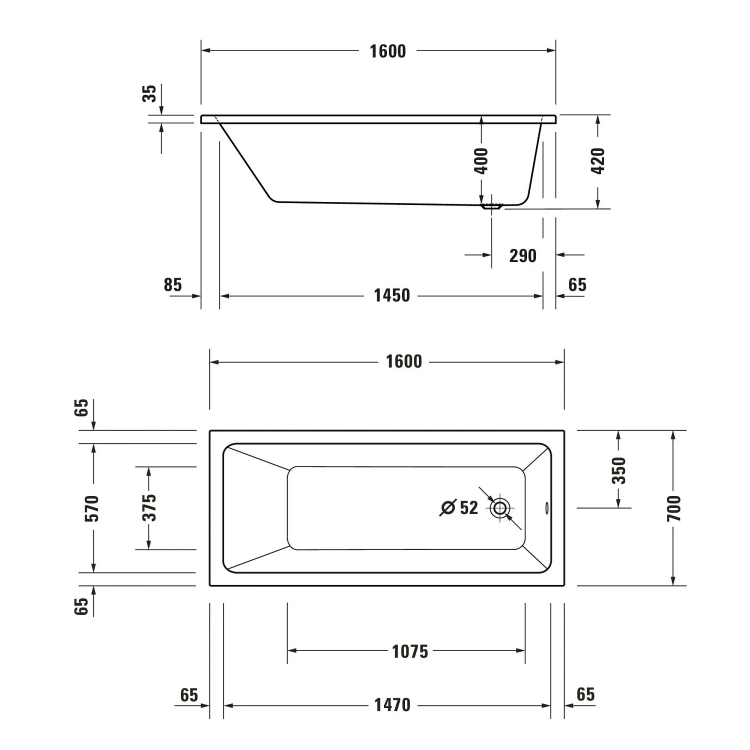 Rysunek techniczny wanny 1600 mm, Duravit