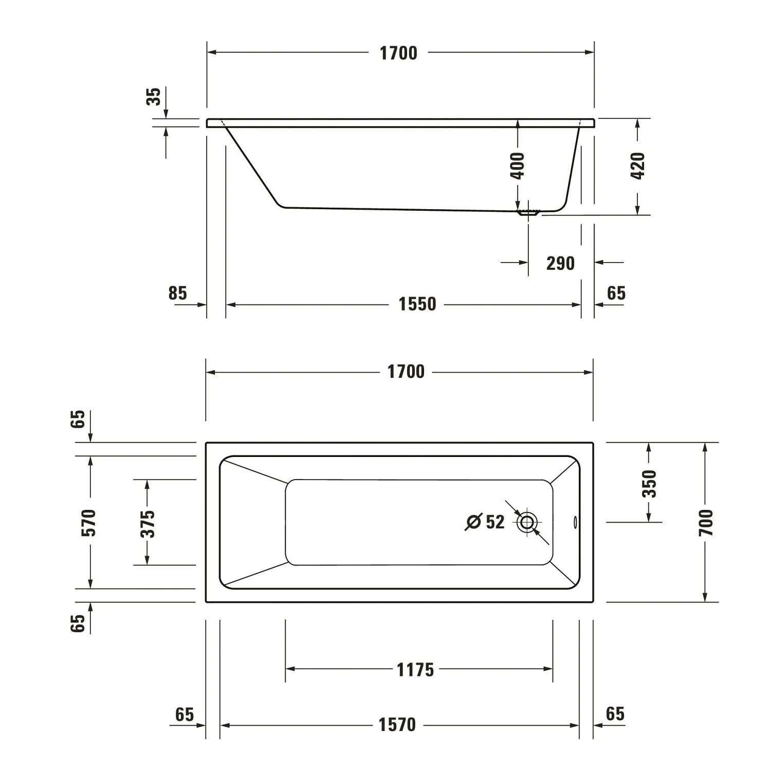 Rysunek techniczny wanny 1700 mm, Duravit