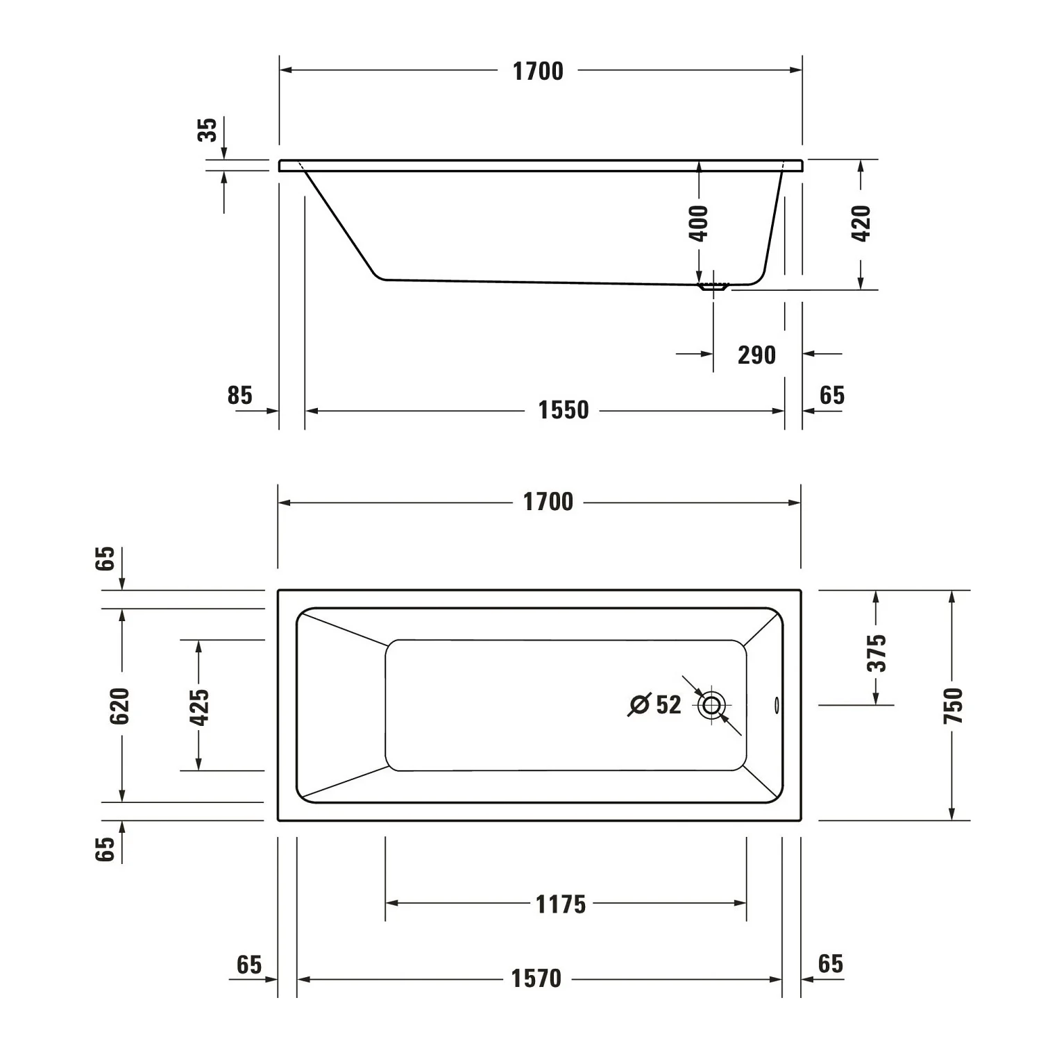 Rysunek techniczny wanny 1700 mm, Duravit