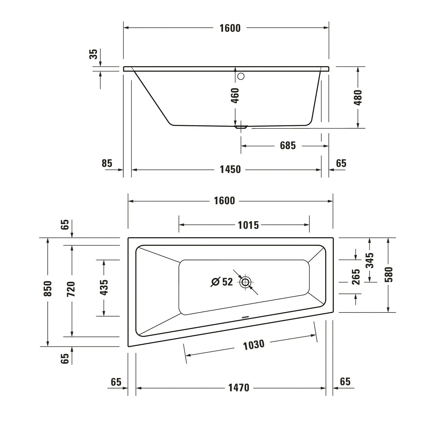 Duravit No. 1 Trapez-Badewanne 160 x 85 cm mit 1 Rückenschräge links Bild 3