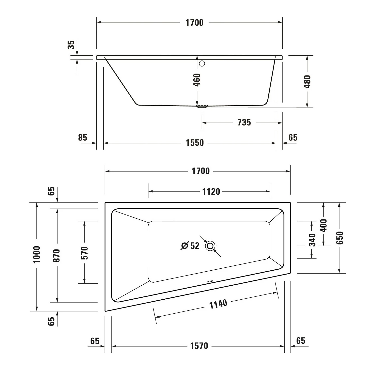 Duravit No. 1 Trapez-Badewanne 170 x 100 cm mit 1 Rückenschräge links Bild 3