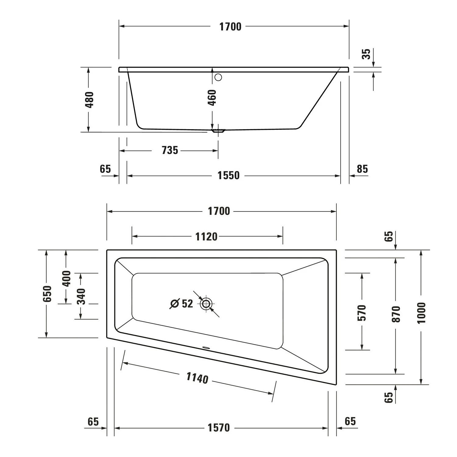 Duravit No. 1 Trapez-Badewanne 170 x 100 cm mit 1 Rückenschräge rechts Bild 3