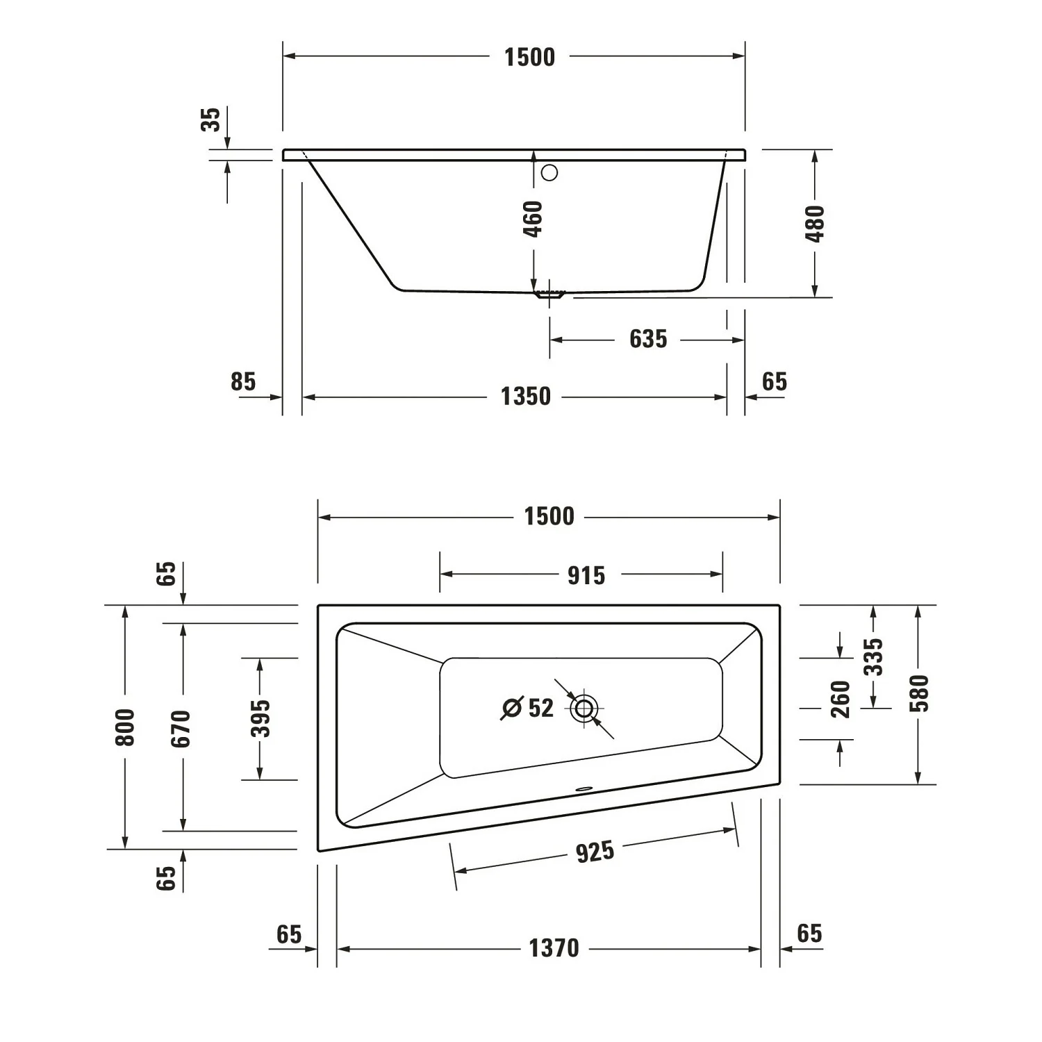 Rysunek techniczny trapezowej wanny, Duravit