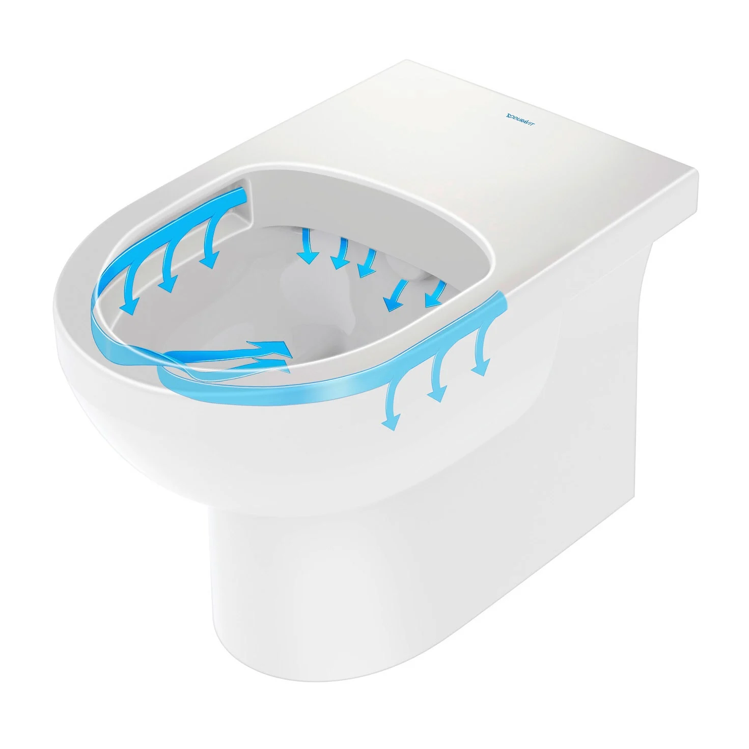 Toaleta bezkołnierzowa z technologią spłukiwania, diagram, Duravit
