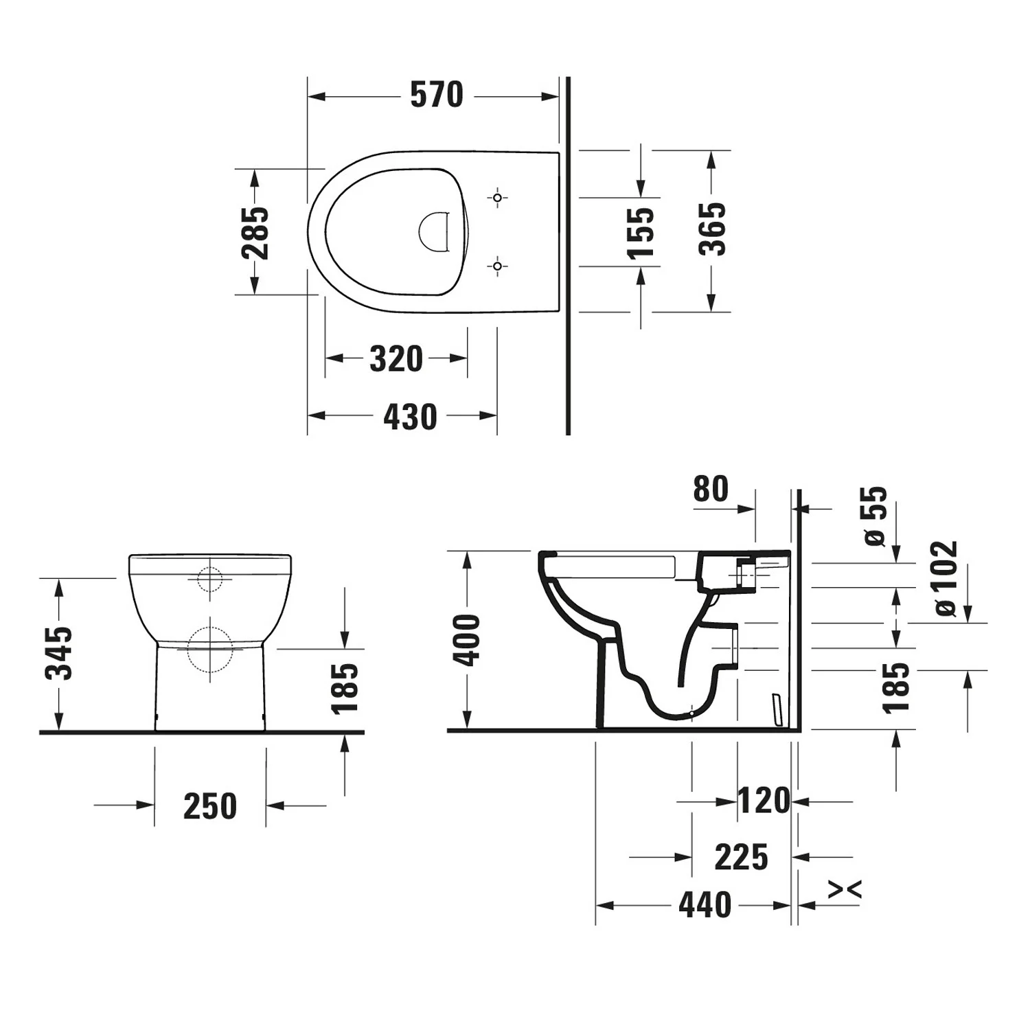 Rysunek techniczny stojącej toalety z wymiarami, Duravit