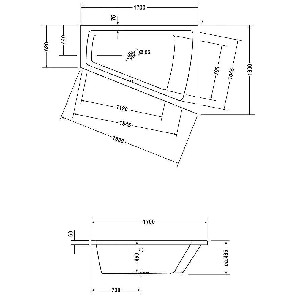 Rysunek techniczny wanny z wymiarami, Duravit